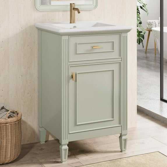 MAYEERTY 20-Inch Bathroom Vanity with Sink, Solid Wood Legs Adjustable Shelf Tilt-Out Drawer Zinc Alloy Knobs, Modern Freestanding Small Bathroom, Green