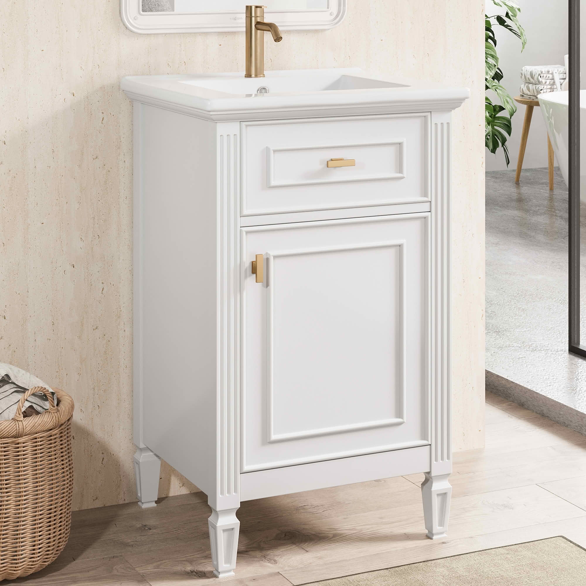 MAYEERTY 20-Inch Bathroom Vanity with Sink, Solid Wood Legs Adjustable Shelf Tilt-Out Drawer Zinc Alloy Knobs, Modern Freestanding Small Bathroom, White