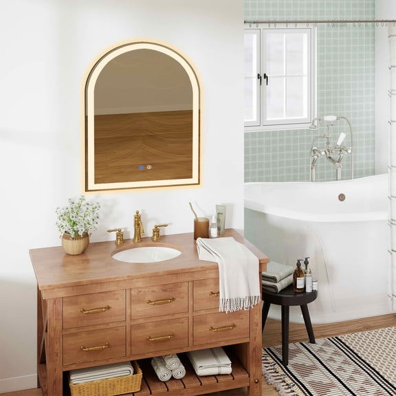MAYEERTY 20x28 Inch Arched LED Bathroom Mirror with Charging, Anti-fog 3-Color Memory Dimming Dual Light