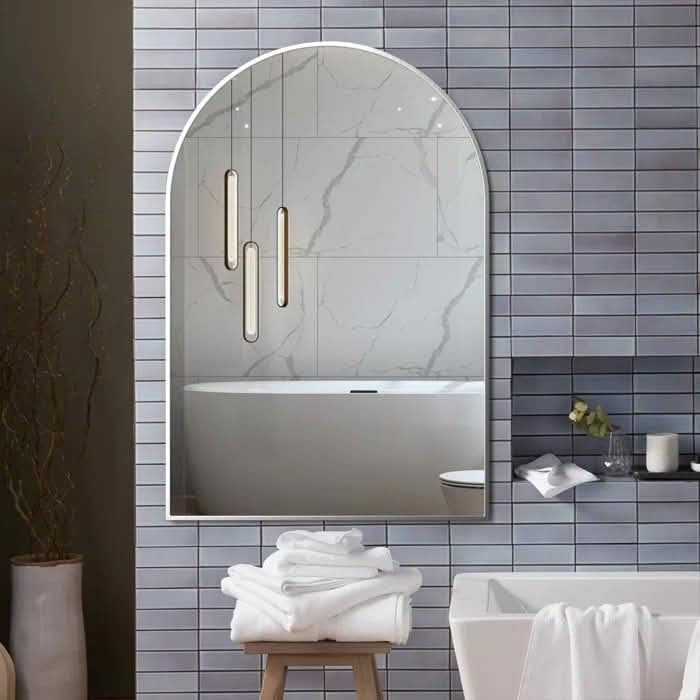 MAYEERTY 20x30 Inch Silver Metal Framed Arched Bathroom Wall Mirror, for Home Bathroom Use