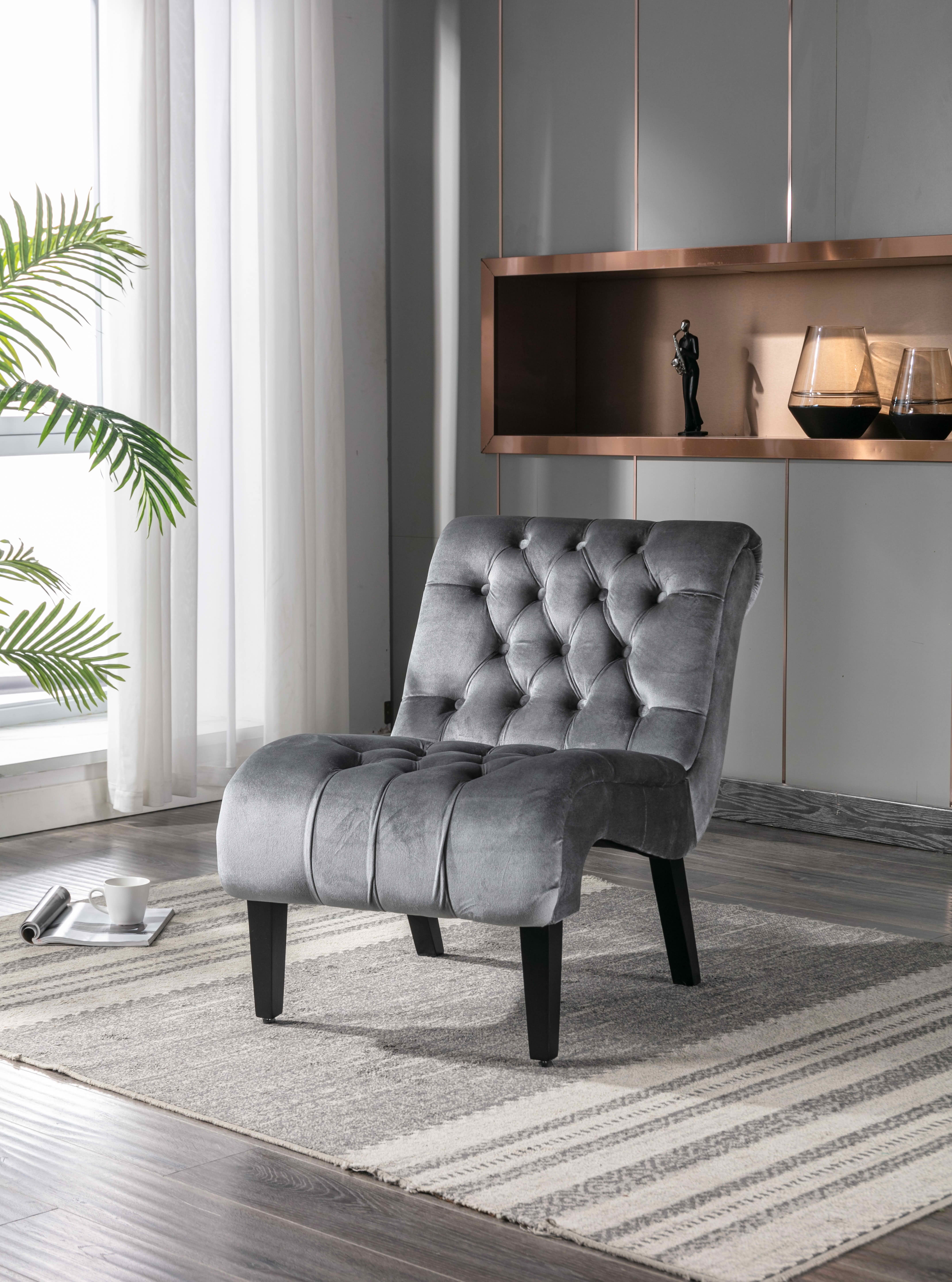 MAYEERTY 22.83-Inch Velvet Button Tufted Armless Accent Chair, Upholstered Leisure Side Chair with Wooden Legs for Bedroom Living Room Office