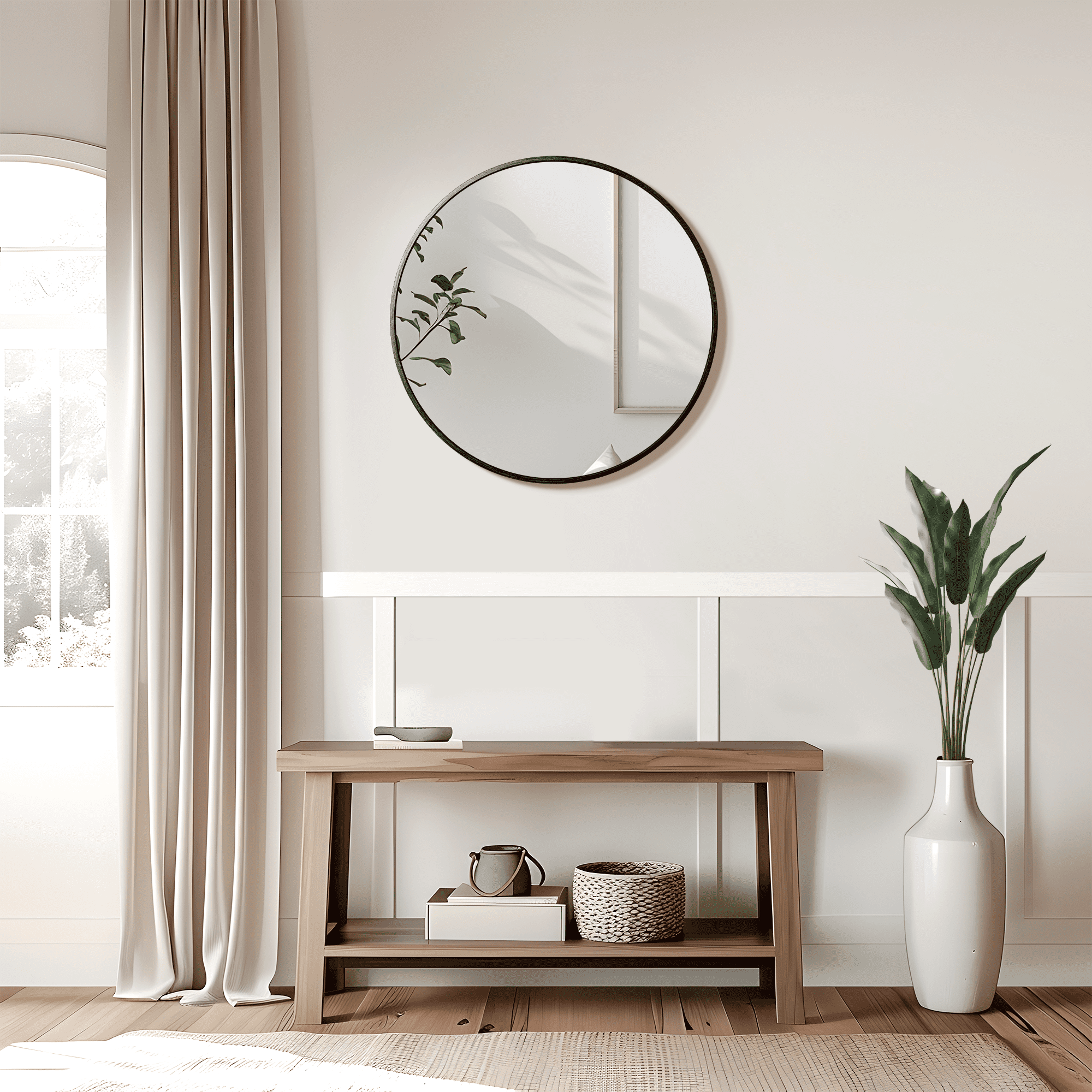 MAYEERTY 24"×24" Black Aluminum Slim-Frame Round Wall Mirror Minimalist Design for Any Room