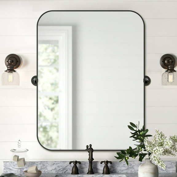 MAYEERTY 24"×32" Black Iron Rectangular Wall Mirror Rounded Corners, Rotating Hardware for Bathroom or Bedroom