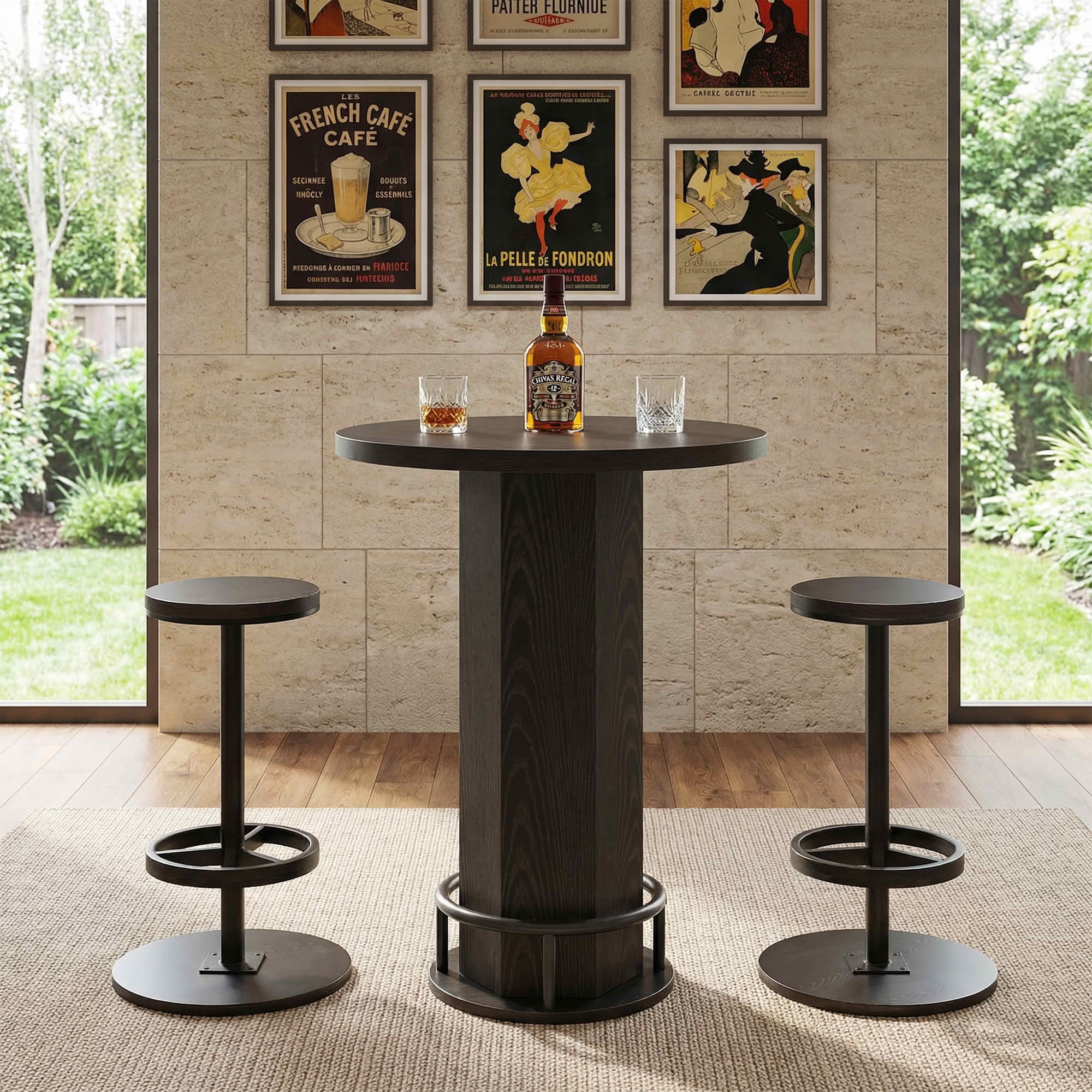MAYEERTY Bistro Set with 2 Barstools, Round Pub Cocktail Table and Chairs, Modern Farmhouse Industrial Bar Height Dining Set for Small Space