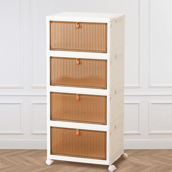 MAYEERTY 23QT Stackable Plastic Storage Bins with Lids & Lockable Wheels, 4 Tier Foldable Storage Boxes with Doors, Portable and Lockable Organizer Boxes