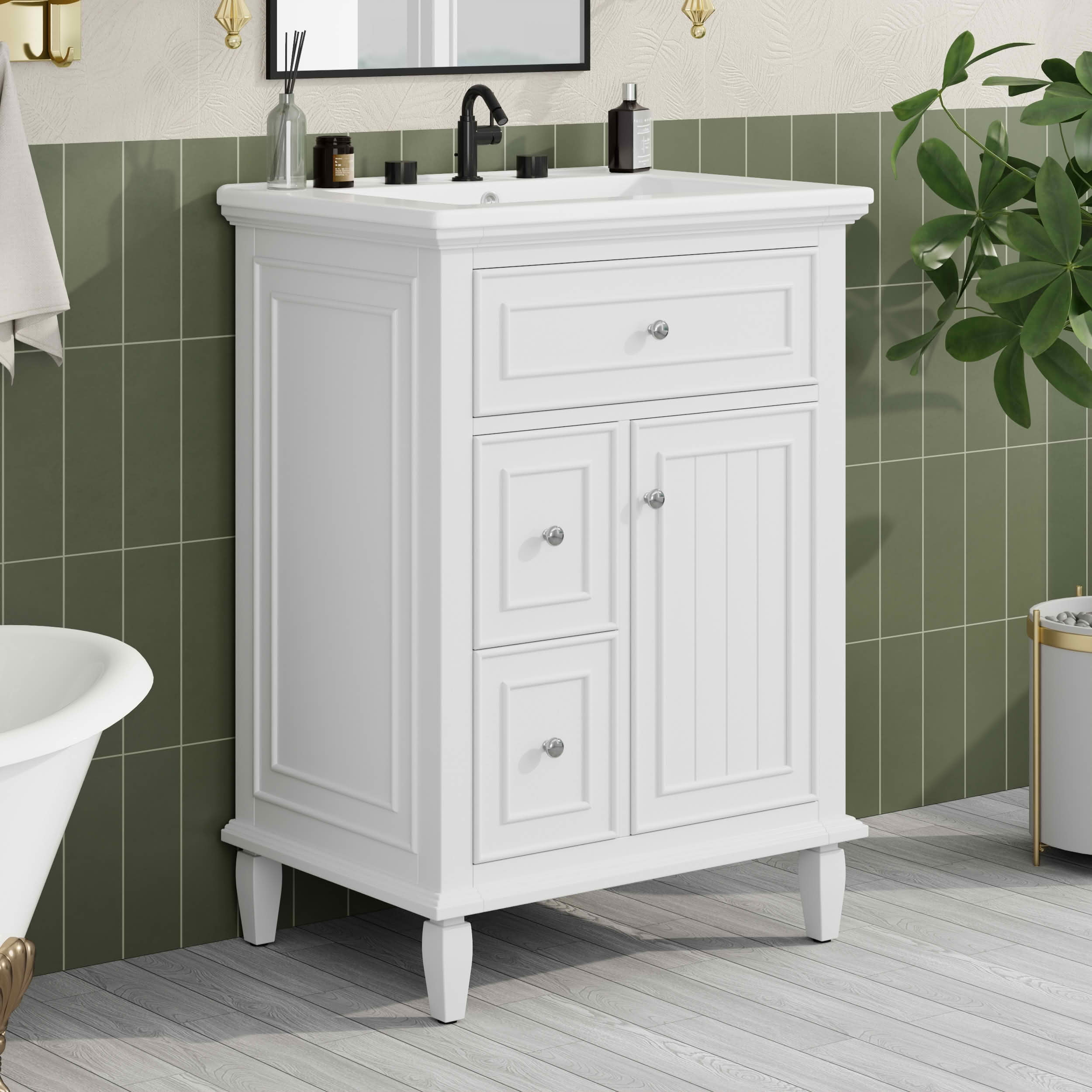 MAYEERTY 24" Bathroom Vanity with Sink, 1 Flip Drawer 2 Drawers Adjustable Shelf, Solid Wood MDF, White