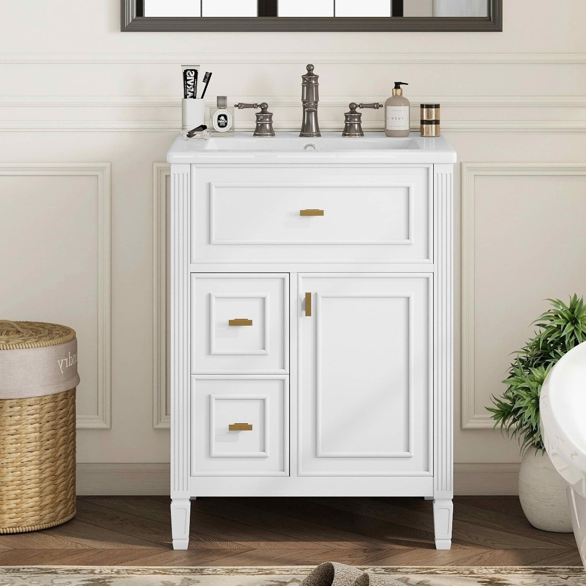 MAYEERTY 24" Bathroom Vanity with Sink, 1 Flip Drawer 2 Drawers Adjustable Shelf, Solid Wood MDF, White