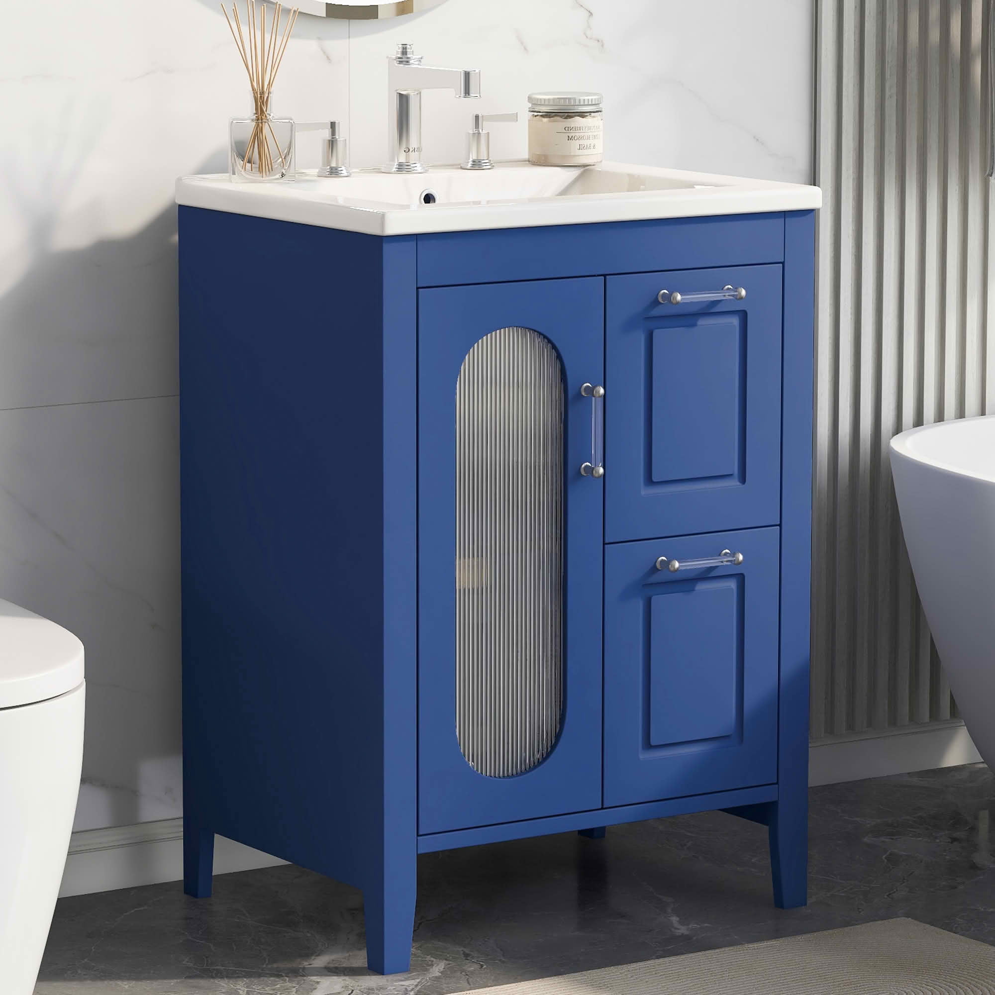 MAYEERTY 24" Bathroom Vanity with Sink 2 Drawers 1 Door Adjustable Shelf Solid Wood MDF Blue
