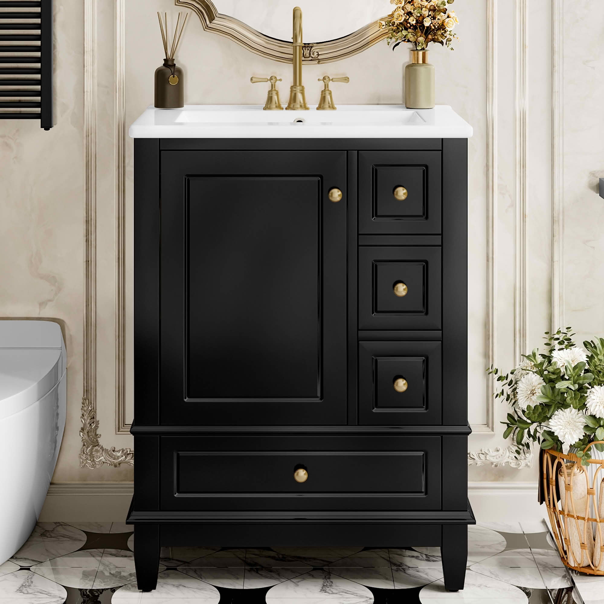 MAYEERTY 24" Bathroom Vanity with Sink Drawers, Freestanding Cabinet Ceramic Top Storage Shelves MDF Solid Wood Base, Modern Small Bathrooms, Black