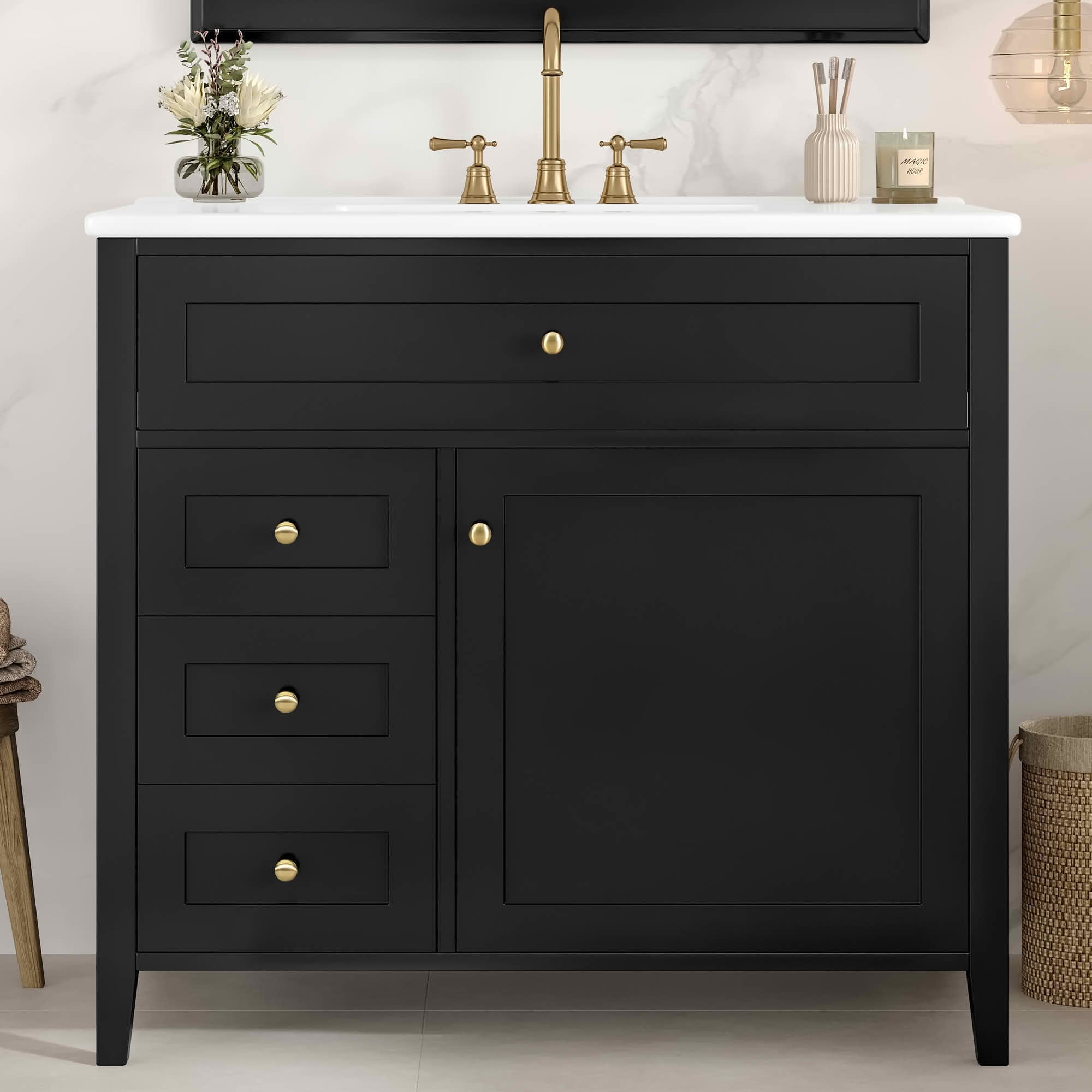 MAYEERTY 24" Bathroom Vanity with Sink Solid Wood MDF 1 Flip Drawer 2 Drawers Adjustable Shelf Black