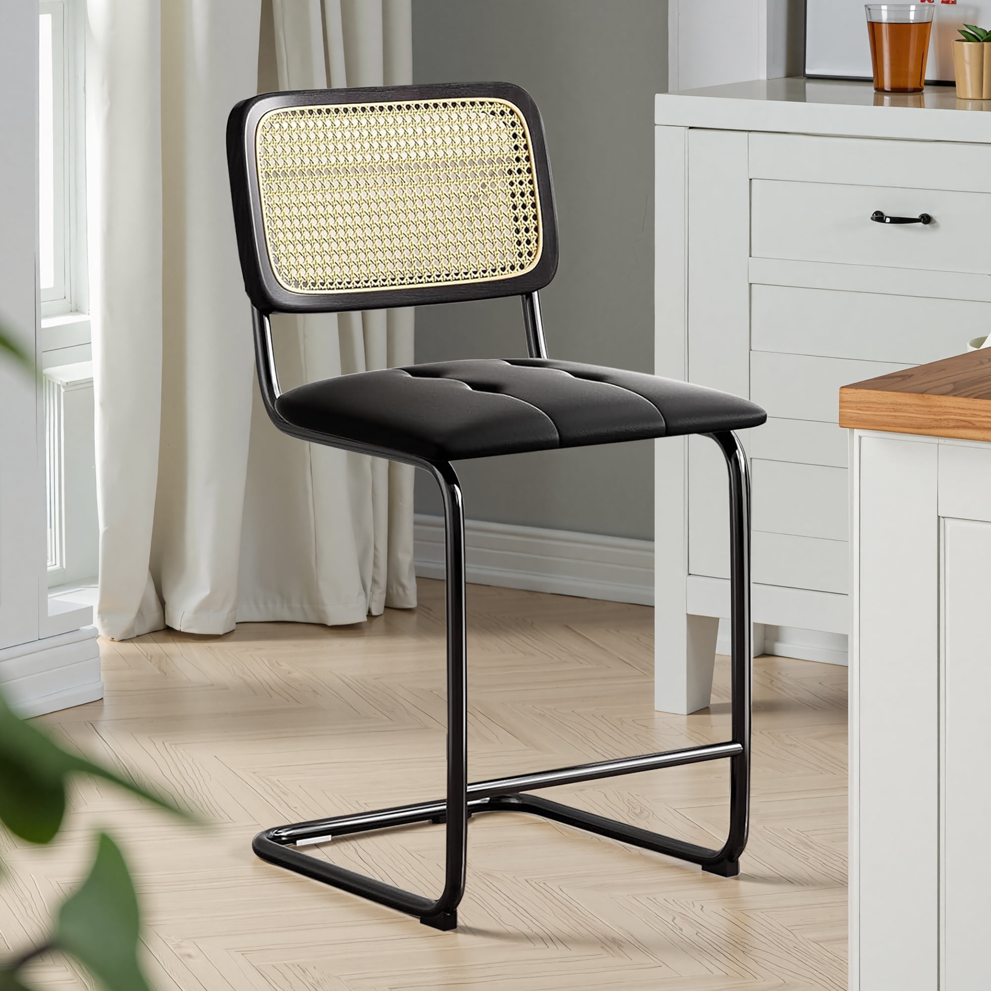 MAYEERTY 24" Black Counter Height Bar Stools Set of 2, PU Leather & Rattan Back, for Dining Areas