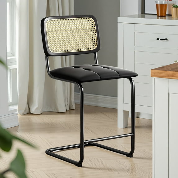 MAYEERTY 24" Black Counter Height Bar Stools Set of 2, PU Leather & Rattan Back, for Dining Areas