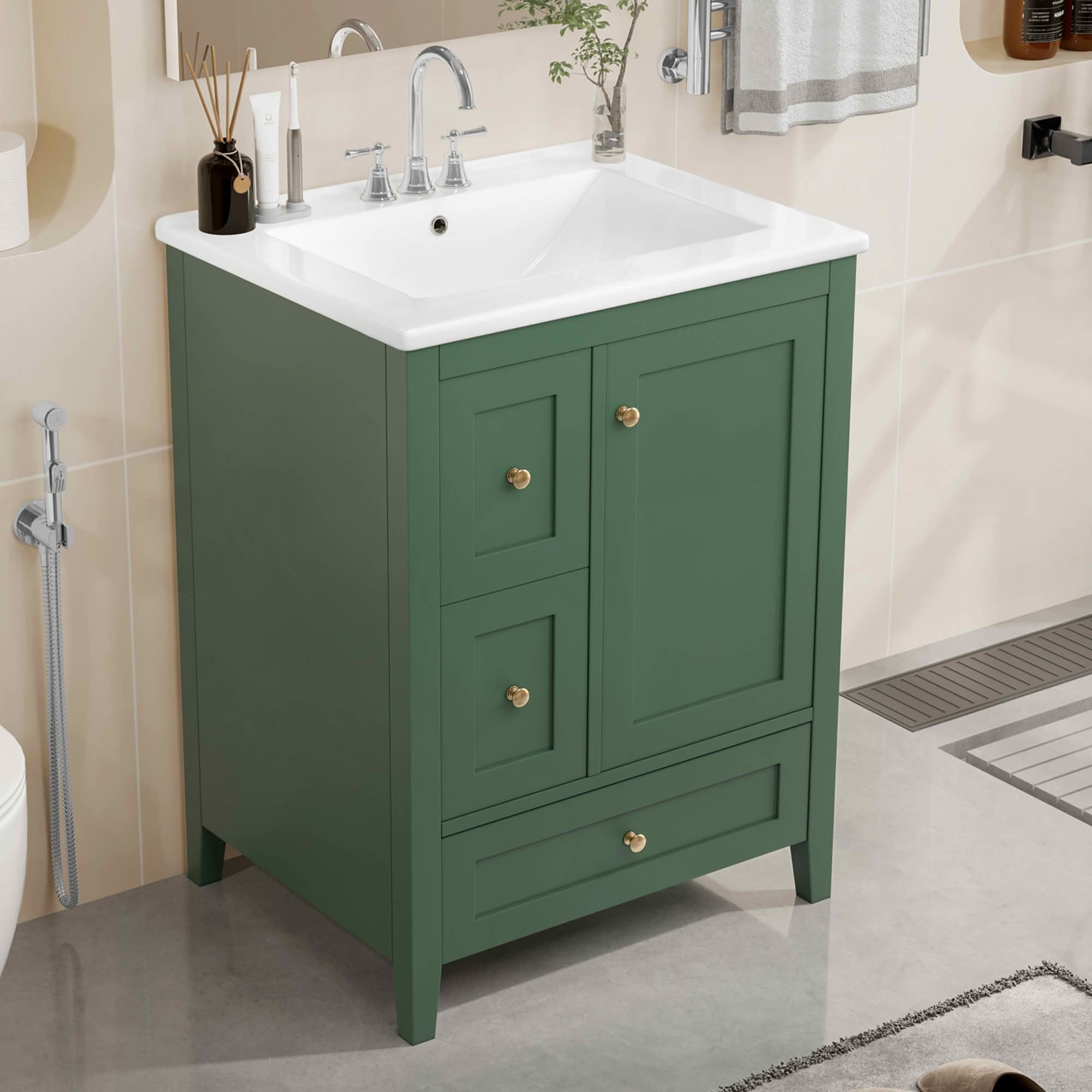 MAYEERTY 24-Inch Bathroom Vanity with Storage, Adjustable Shelf MDF Rubberwood Removable Dividers, Dark Green Finish