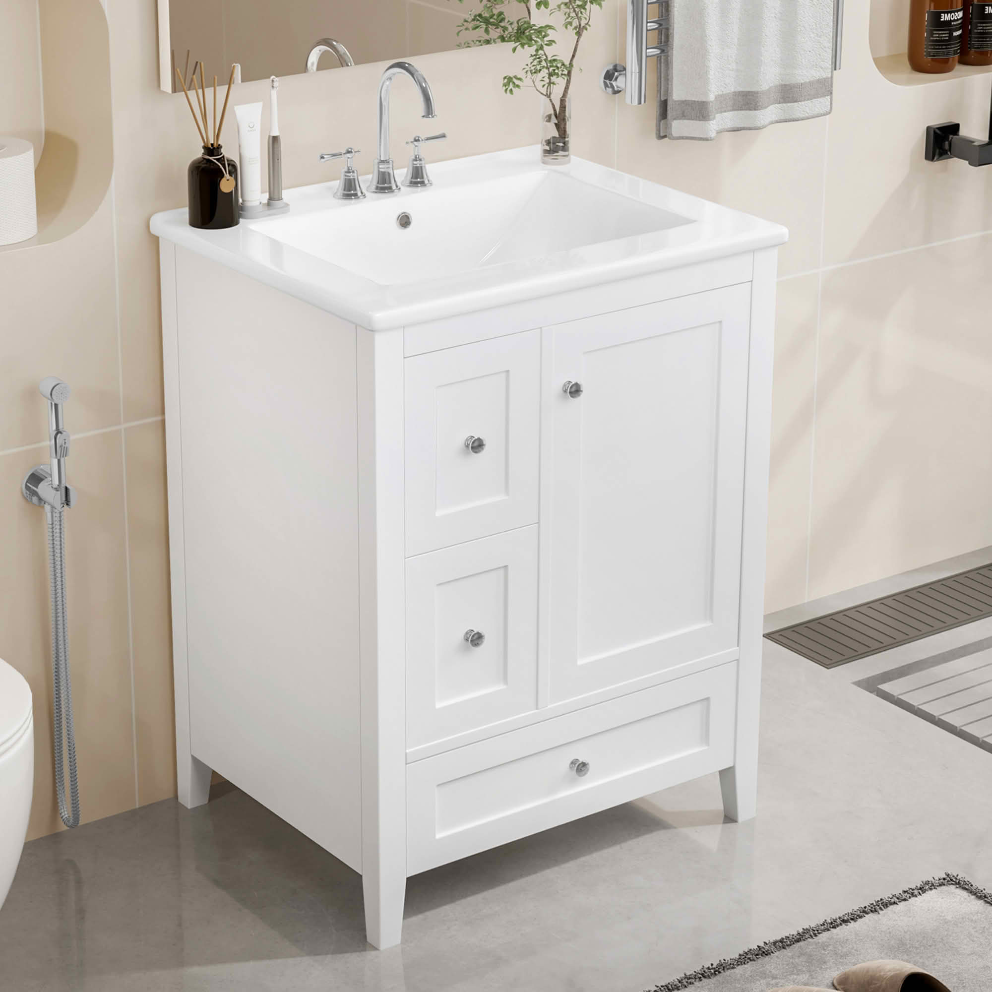 MAYEERTY 24-Inch Bathroom Vanity with Storage, Adjustable Shelf MDF Rubberwood Removable Dividers, Glossy Finish, White
