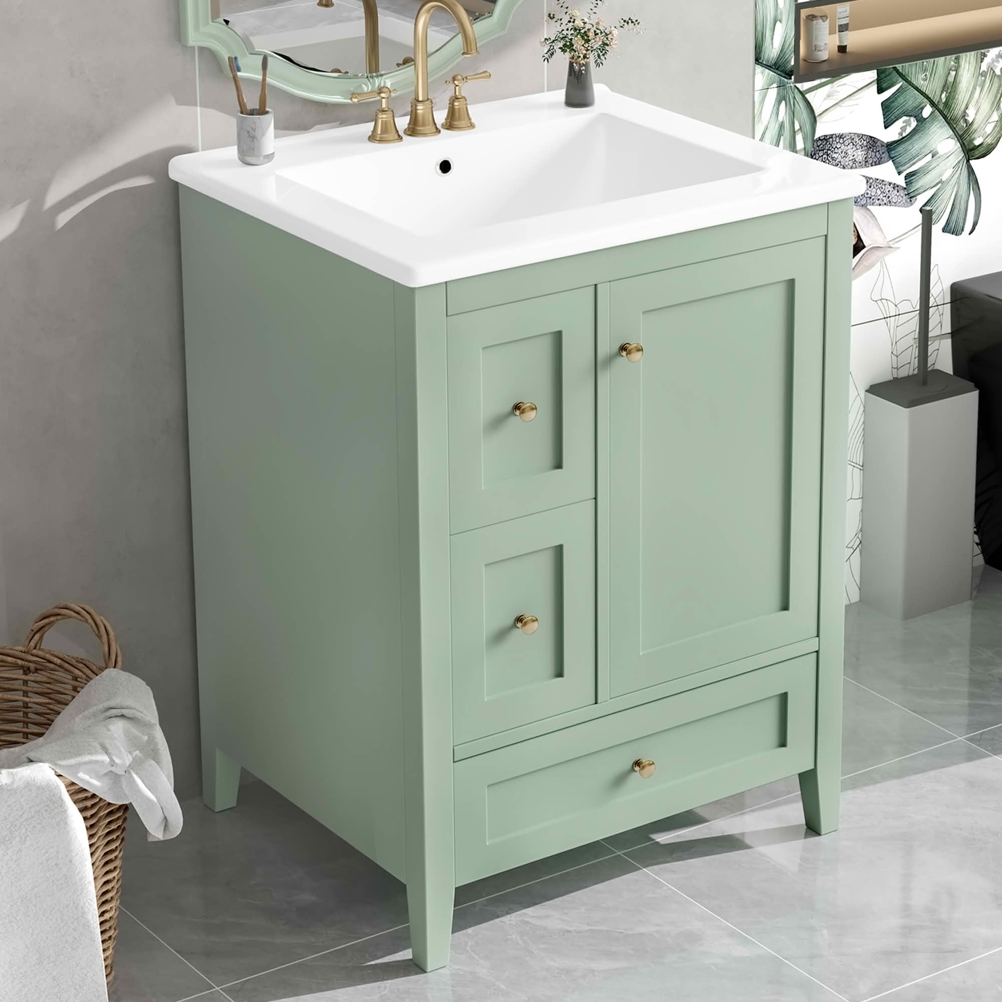 MAYEERTY 24-Inch Bathroom Vanity with Storage, Adjustable Shelf MDF Rubberwood Removable Dividers, Green Finish