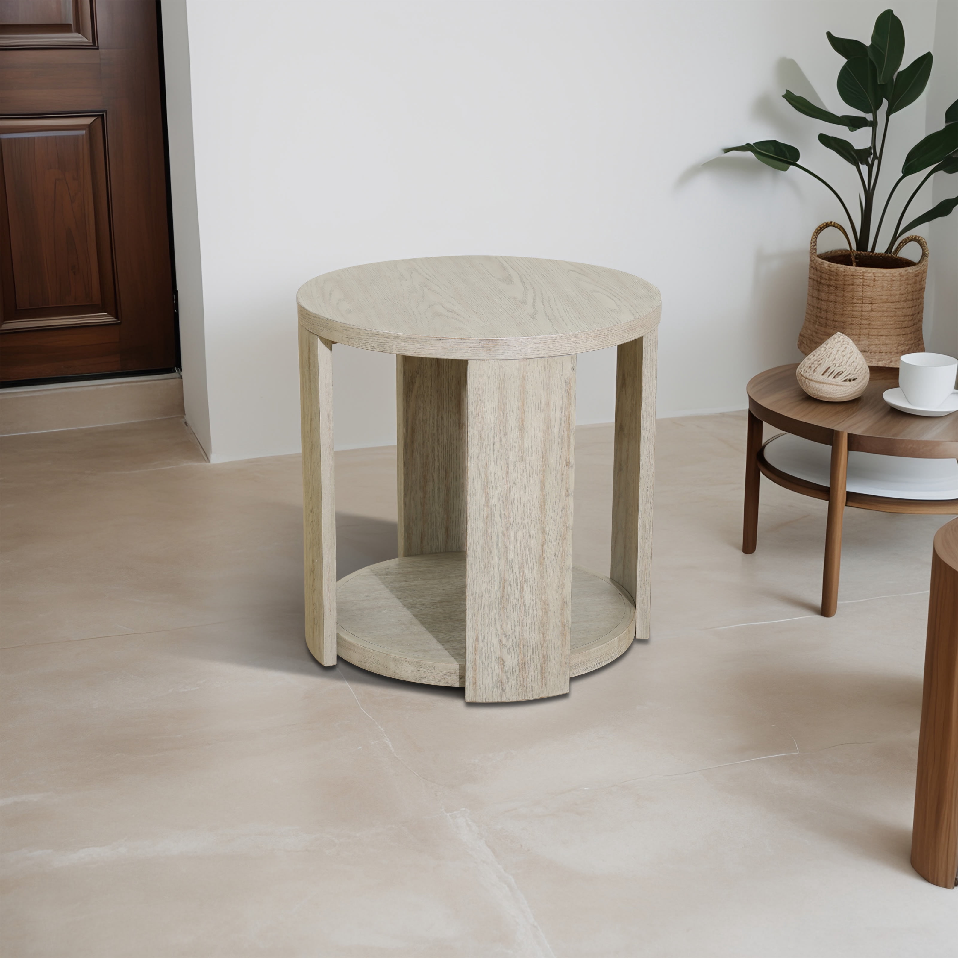 MAYEERTY 24" Round Solid Wood Side Table, Modern Farmhouse End Table with Open Storage Shelf, for Living Room, Bedroom, Small Spaces