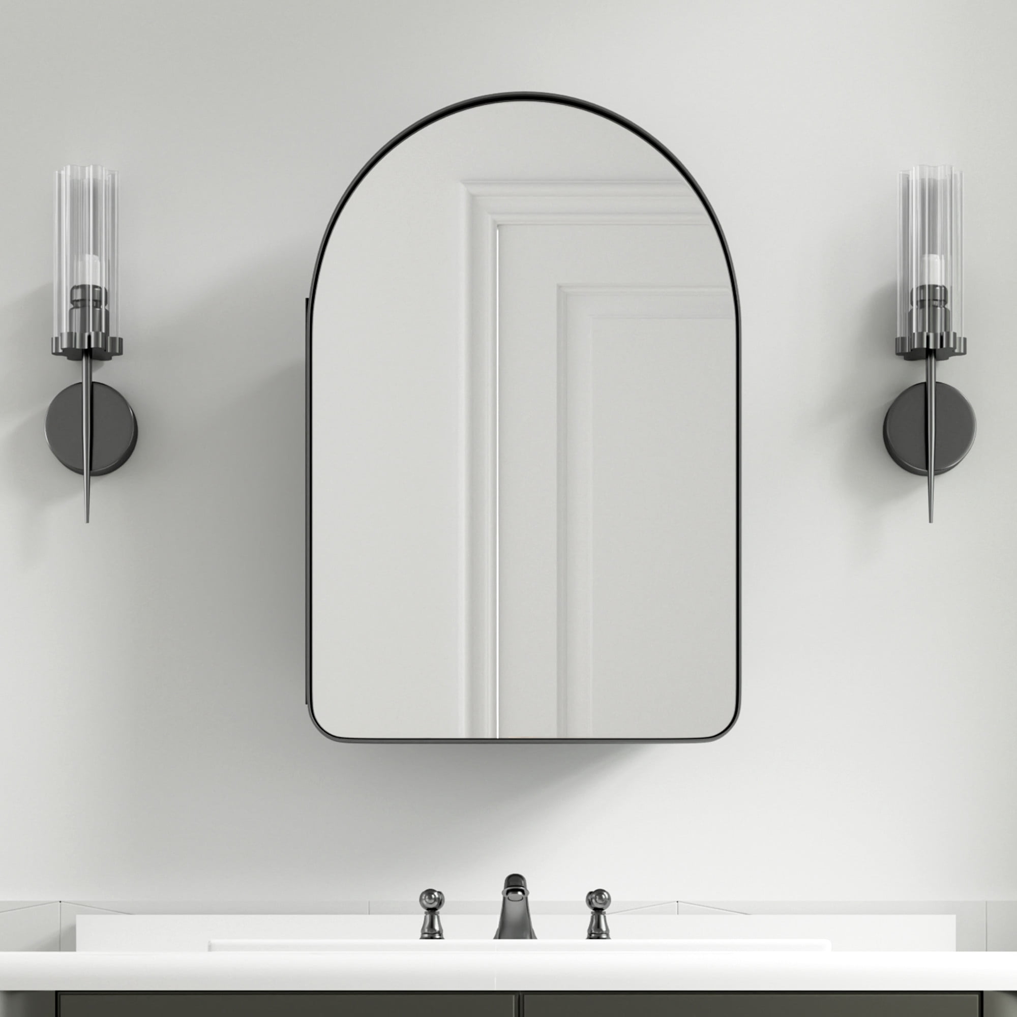 MAYEERTY 24"x16" Iron Arched Bathroom Mirror Cabinet, Black