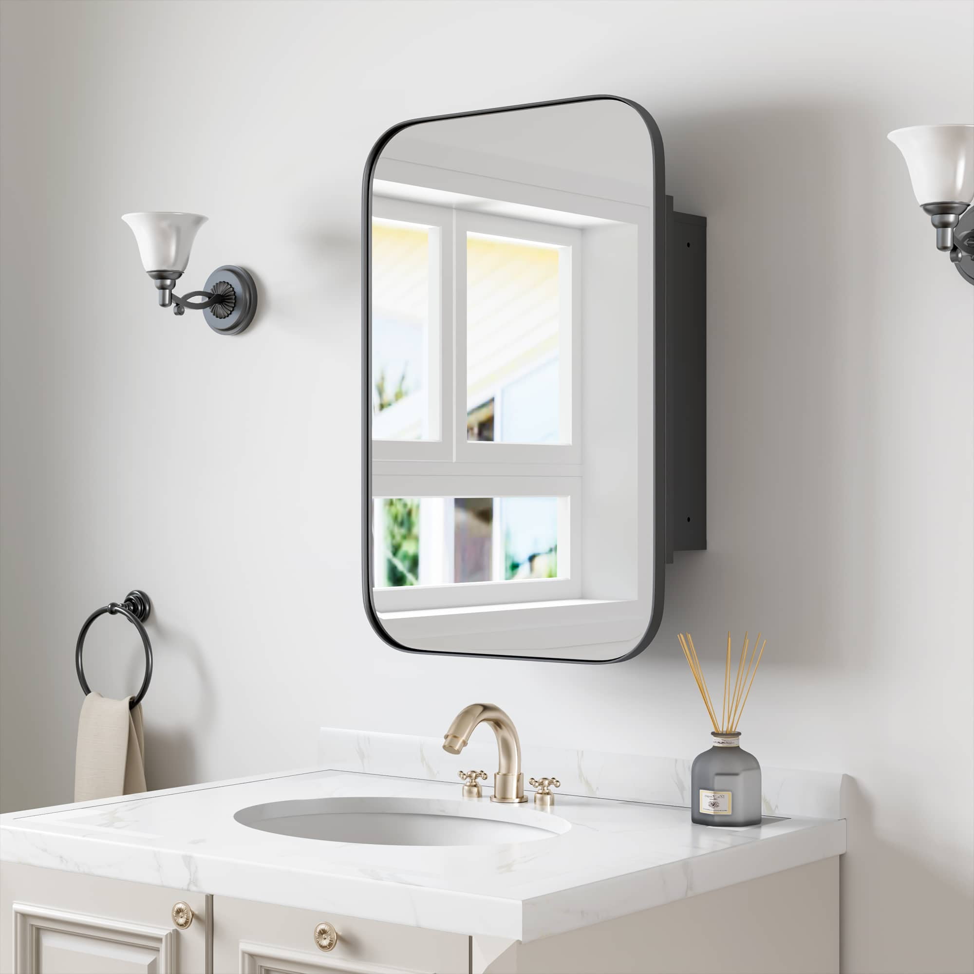 MAYEERTY 24"x16" Iron Rectangular Bathroom Mirror Cabinet, Black