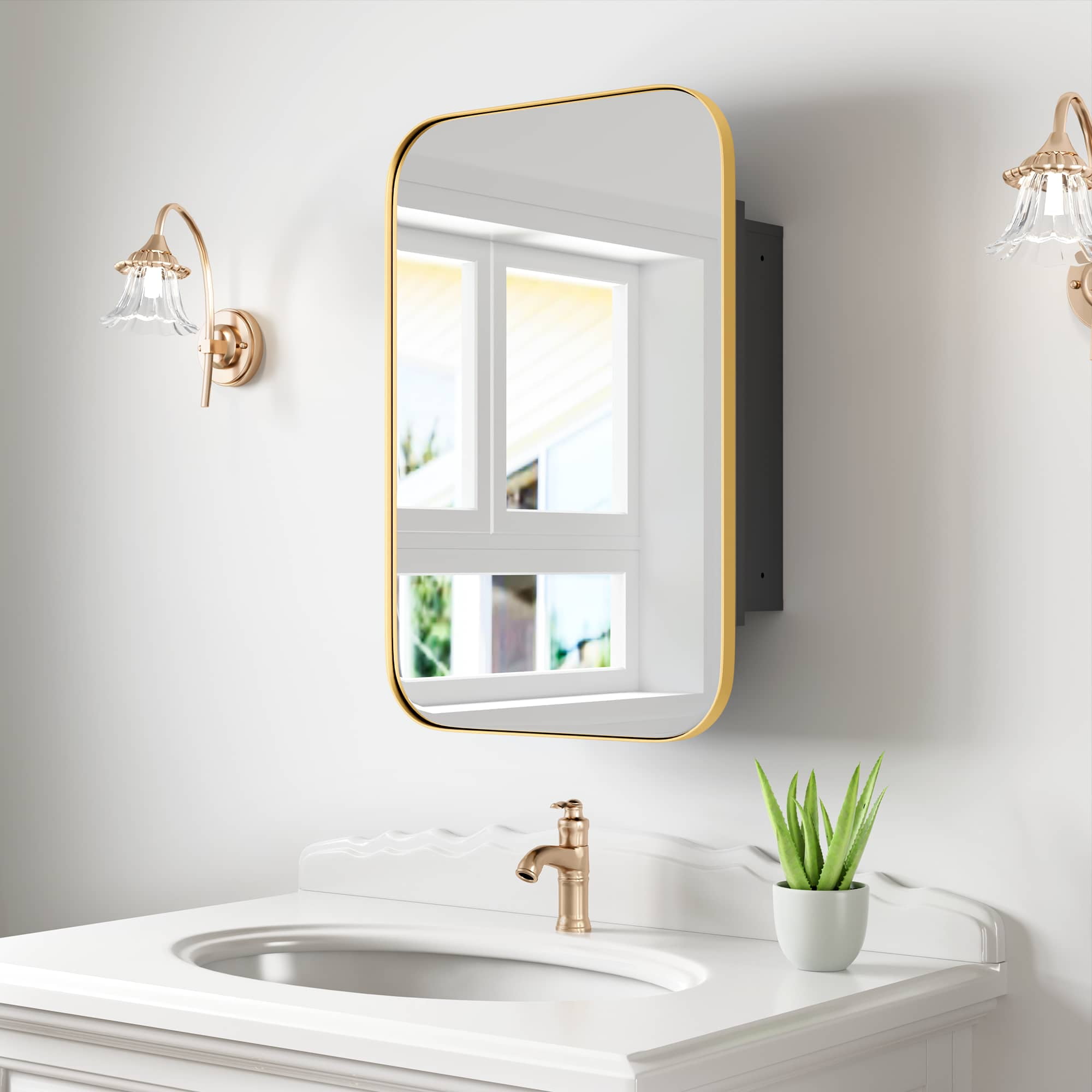 MAYEERTY 24"x16" Iron Rectangular Bathroom Mirror Cabinet, Gold