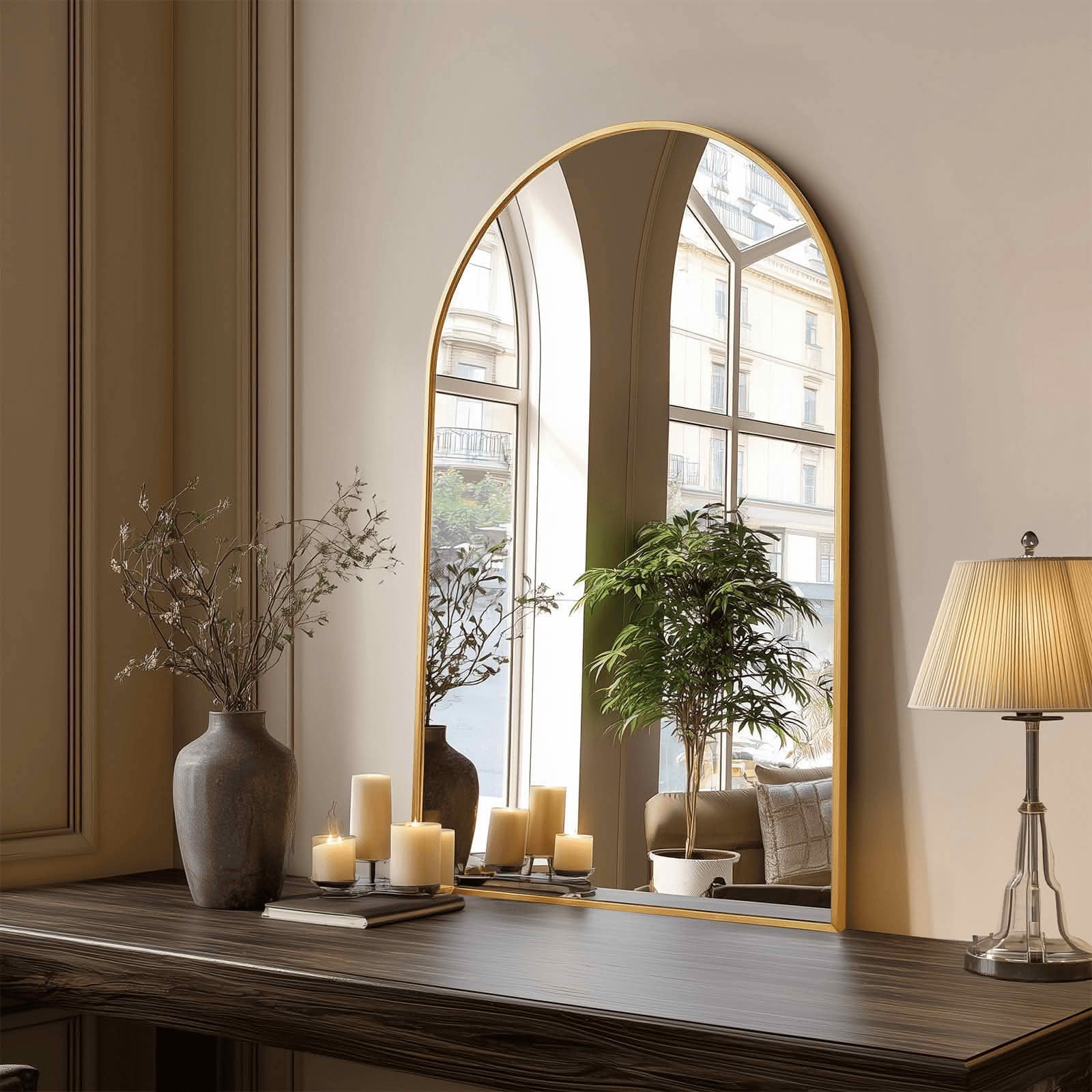 MAYEERTY 24"x36" Arched Bathroom Wall Mirror, Metal Frame, Bedroom Entryway Living Room，Gold