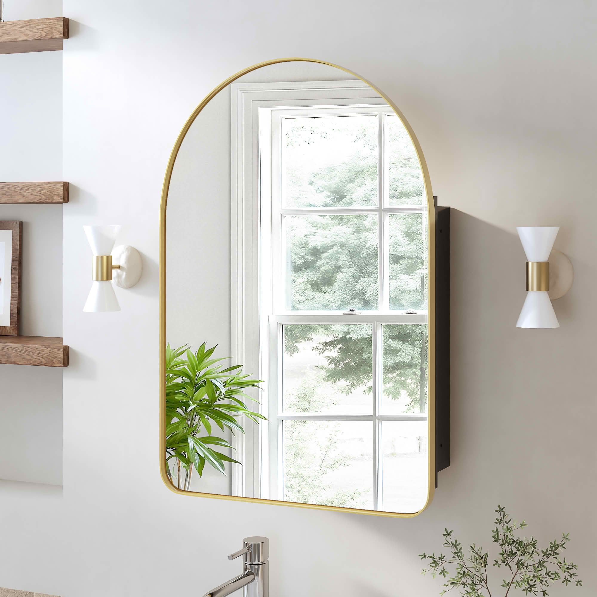 MAYEERTY 24x16x5 Inch Gold Metal Round Corner Arched Medicine Cabinet for Bathroom