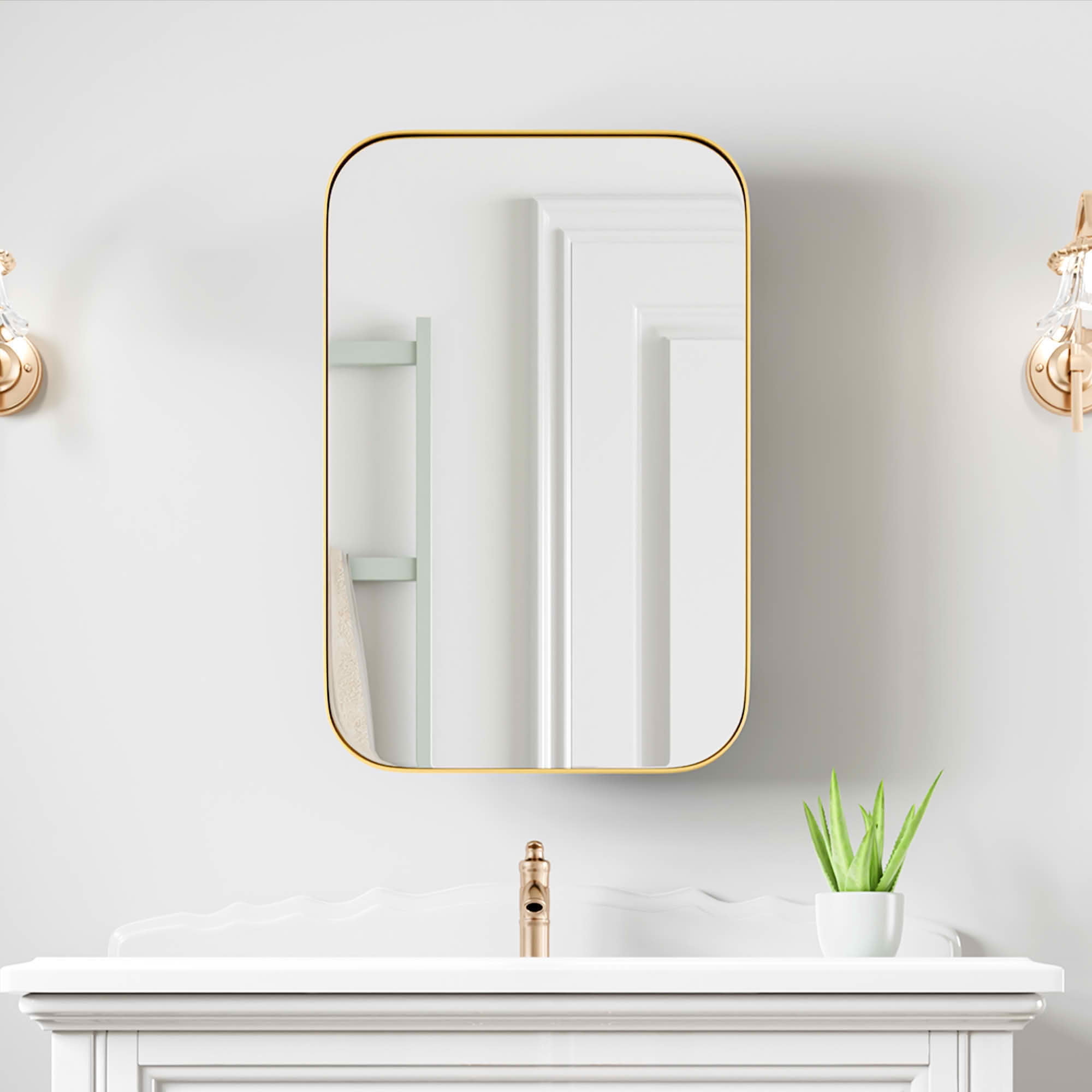 MAYEERTY 24x16x5 Inch Gold Metal Round Corner Rectangular Medicine Cabinet for Bathroom