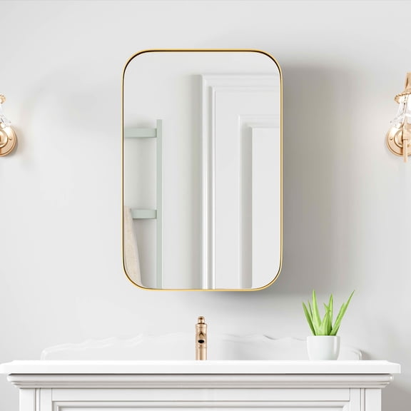 MAYEERTY 24x16x5 Inch Gold Metal Round Corner Rectangular Medicine Cabinet for Bathroom