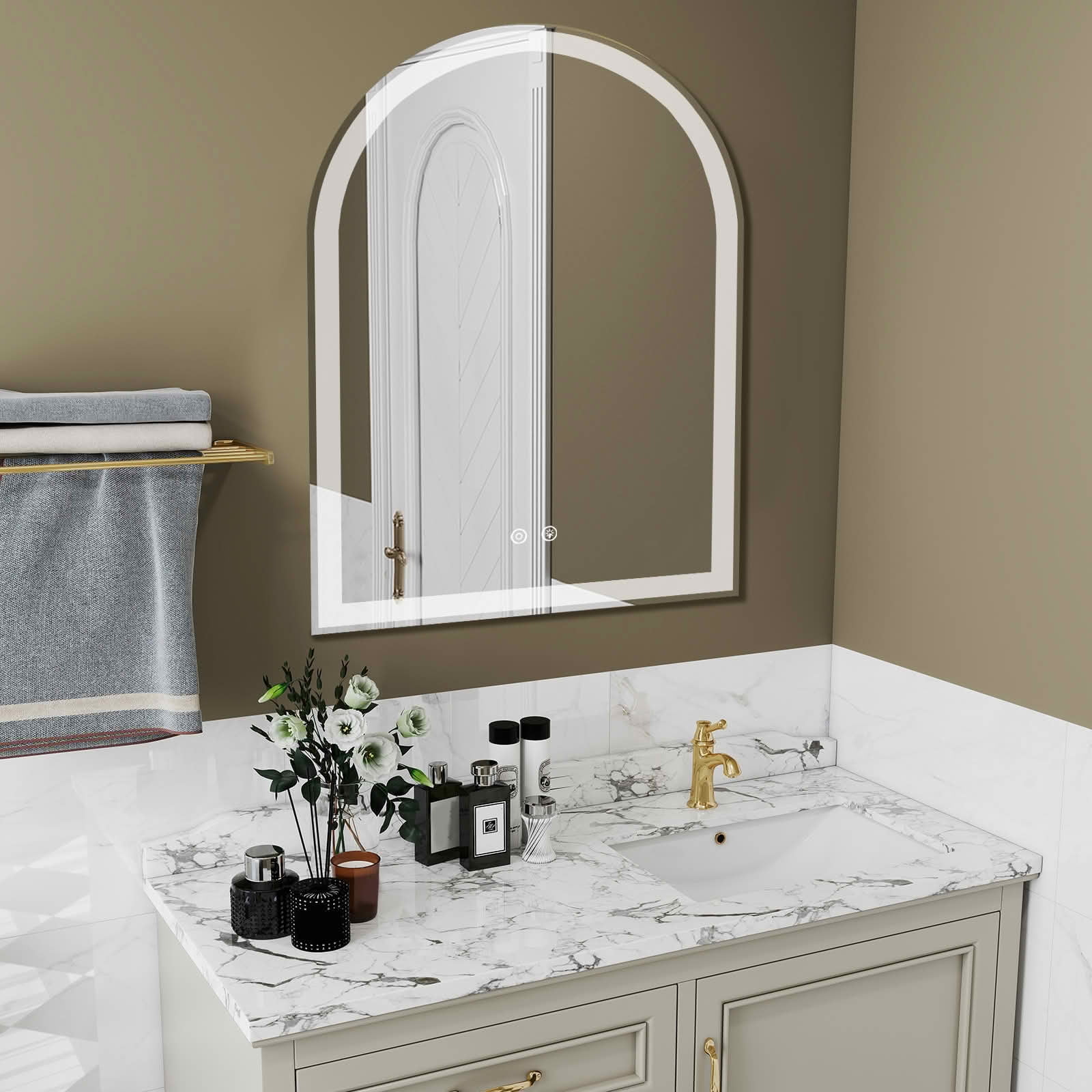 MAYEERTY 24x36 Inch Arched LED Bathroom Mirror with Charging, Anti-fog 3-Color Memory Dimming Dual Light