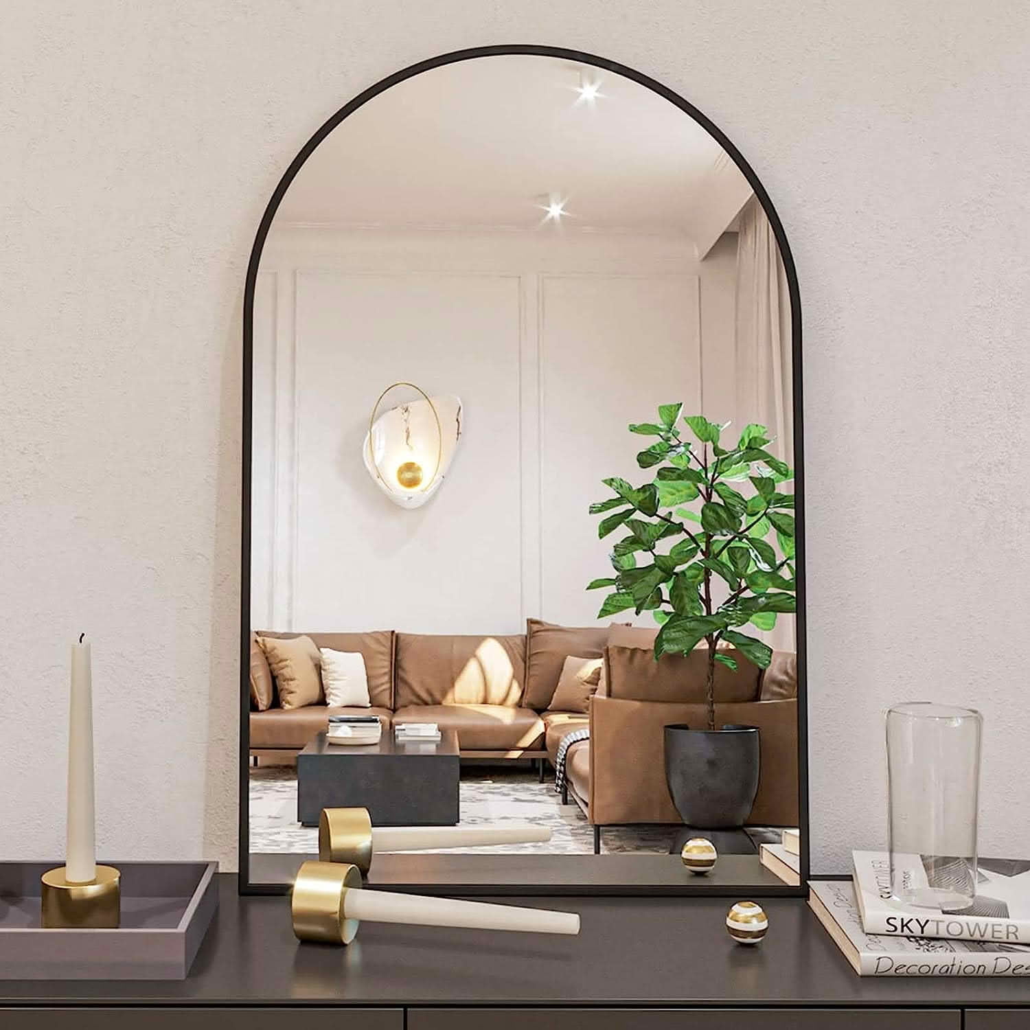 MAYEERTY 24x36 Inch Black Metal Framed Arched Bathroom Wall Mirror, for Large Bathroom Space