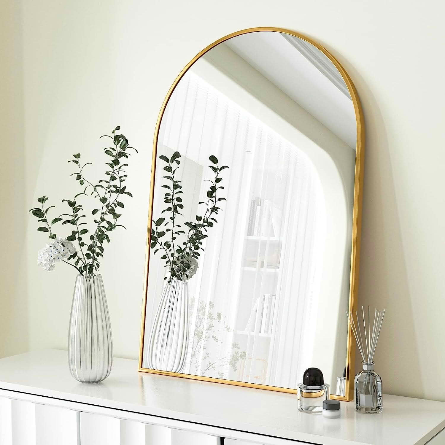 MAYEERTY 24x36 Inch Gold Metal Framed Arched Bathroom Wall Mirror, for Bathroom Vanity Area