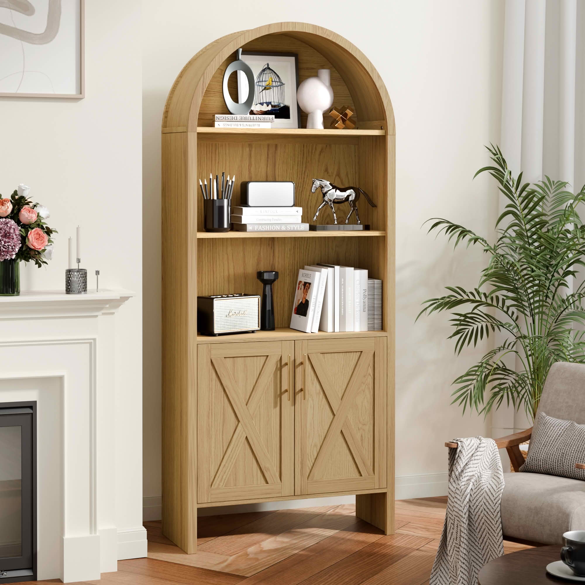MAYEERTY 25.6"×10.2"×60" Beech Wood Arch Decor Cabinet, Cross Doors Beech Beech Wood for Home Office