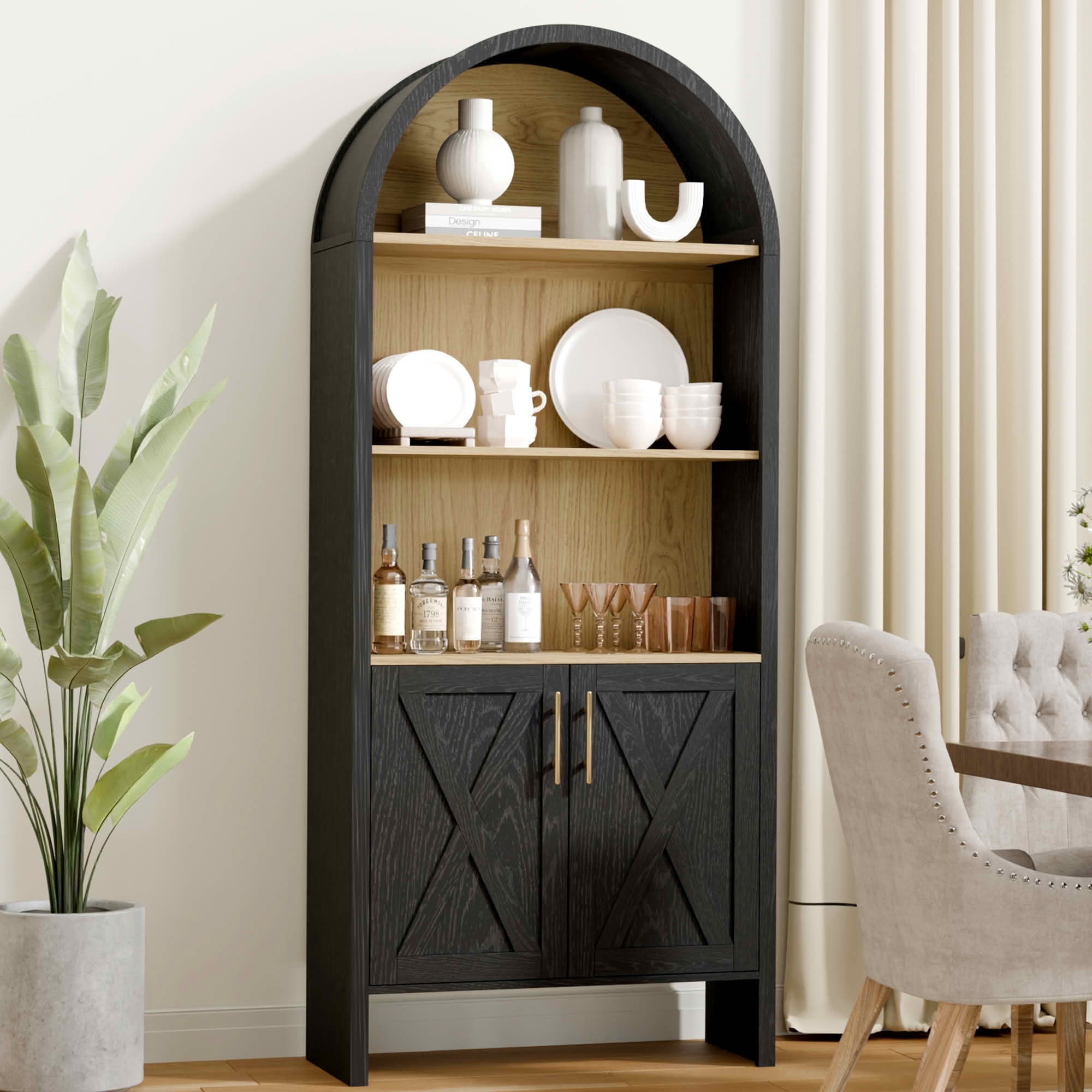 MAYEERTY 25.6"×10.2"×60" Black Arch Decor Cabinet, Cross Doors Black Beech Wood for Living Room