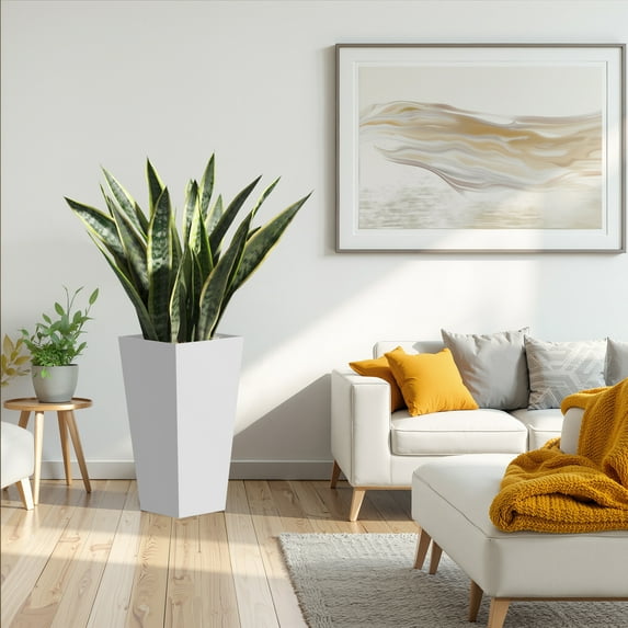 MAYEERTY 25"H Metal Tapered Plant Pot, Large Planter with Drainage Hole & Rubber Plug for Indoor Patio Garden, White