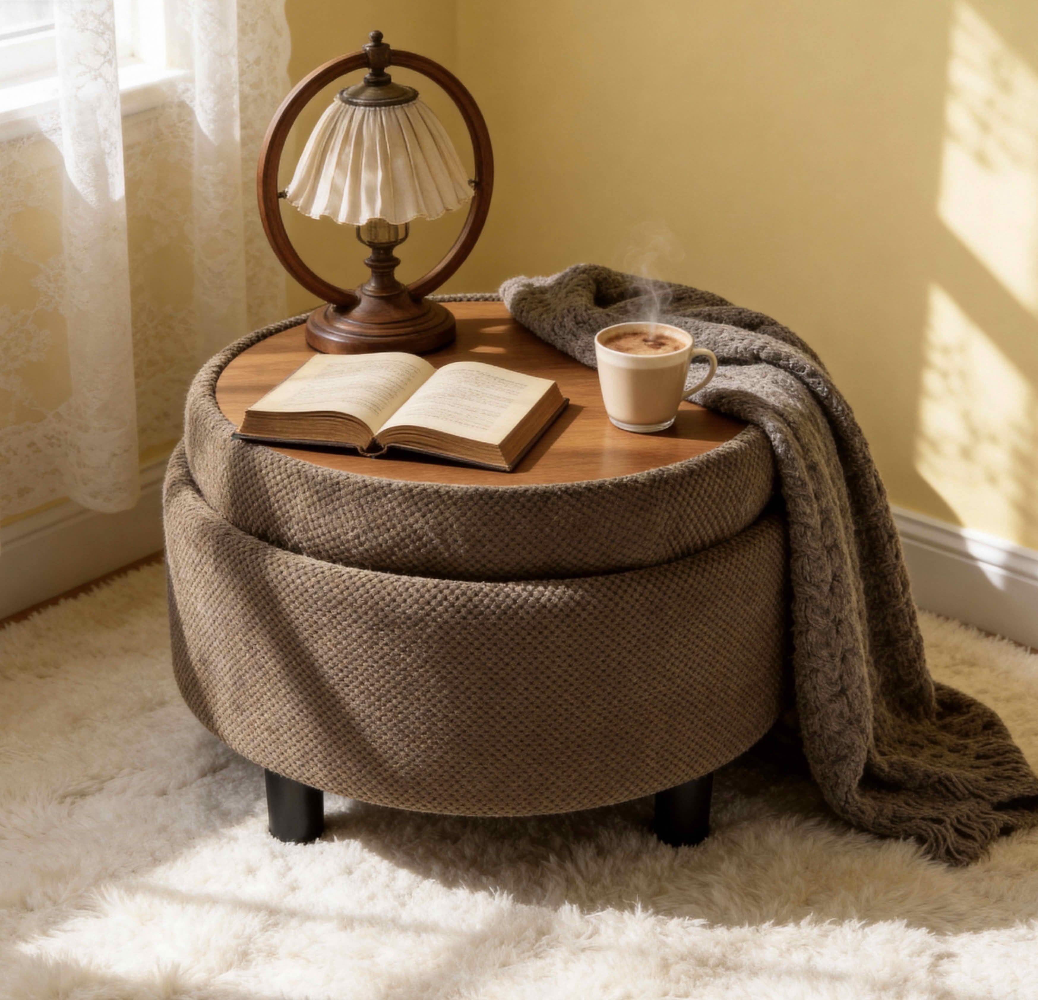 MAYEERTY 25 In Round Storage Ottoman with Tray, Tufted Fabric, Coffee Table Ottoman, Coffee