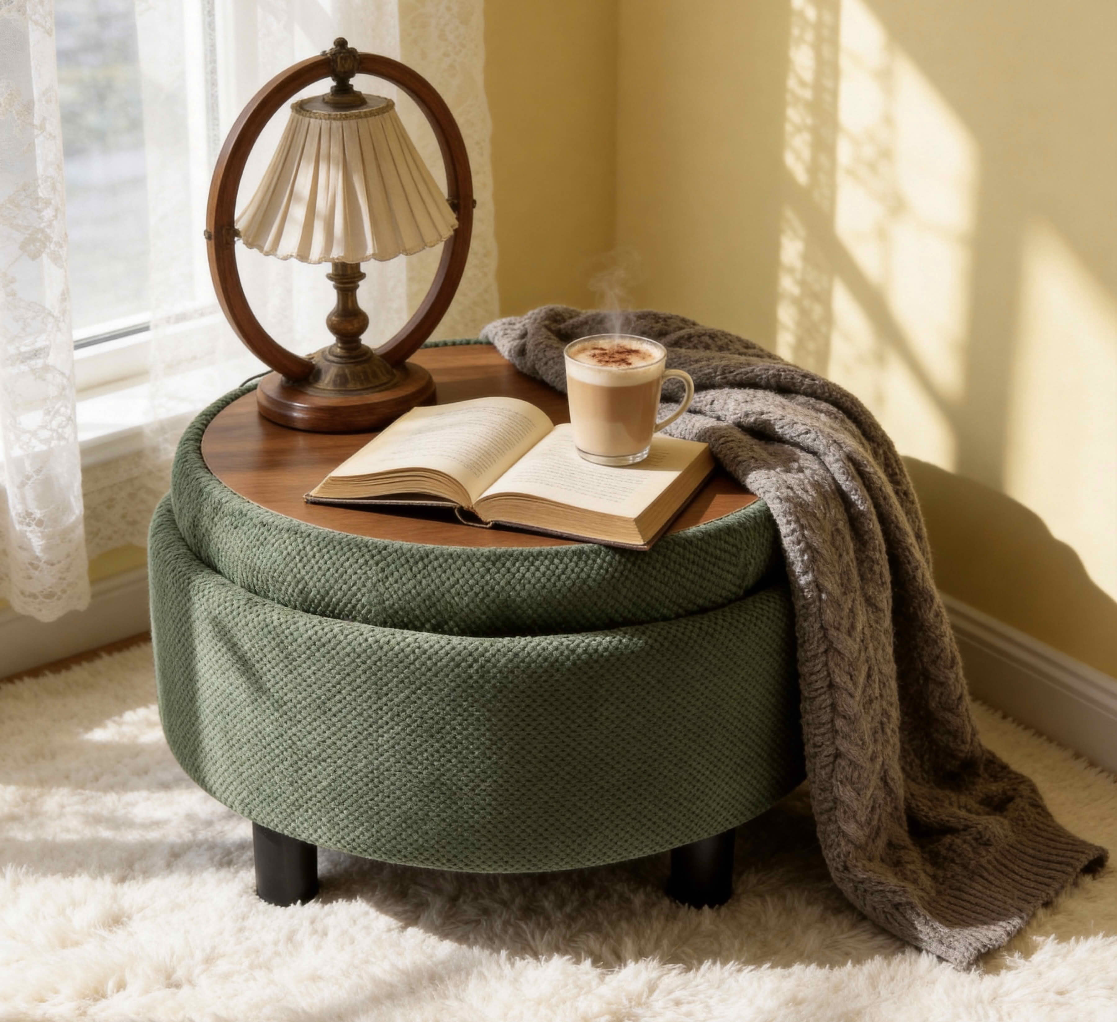 MAYEERTY 25 In Round Storage Ottoman with Tray, Tufted Fabric, Coffee Table Ottoman, Dark Green