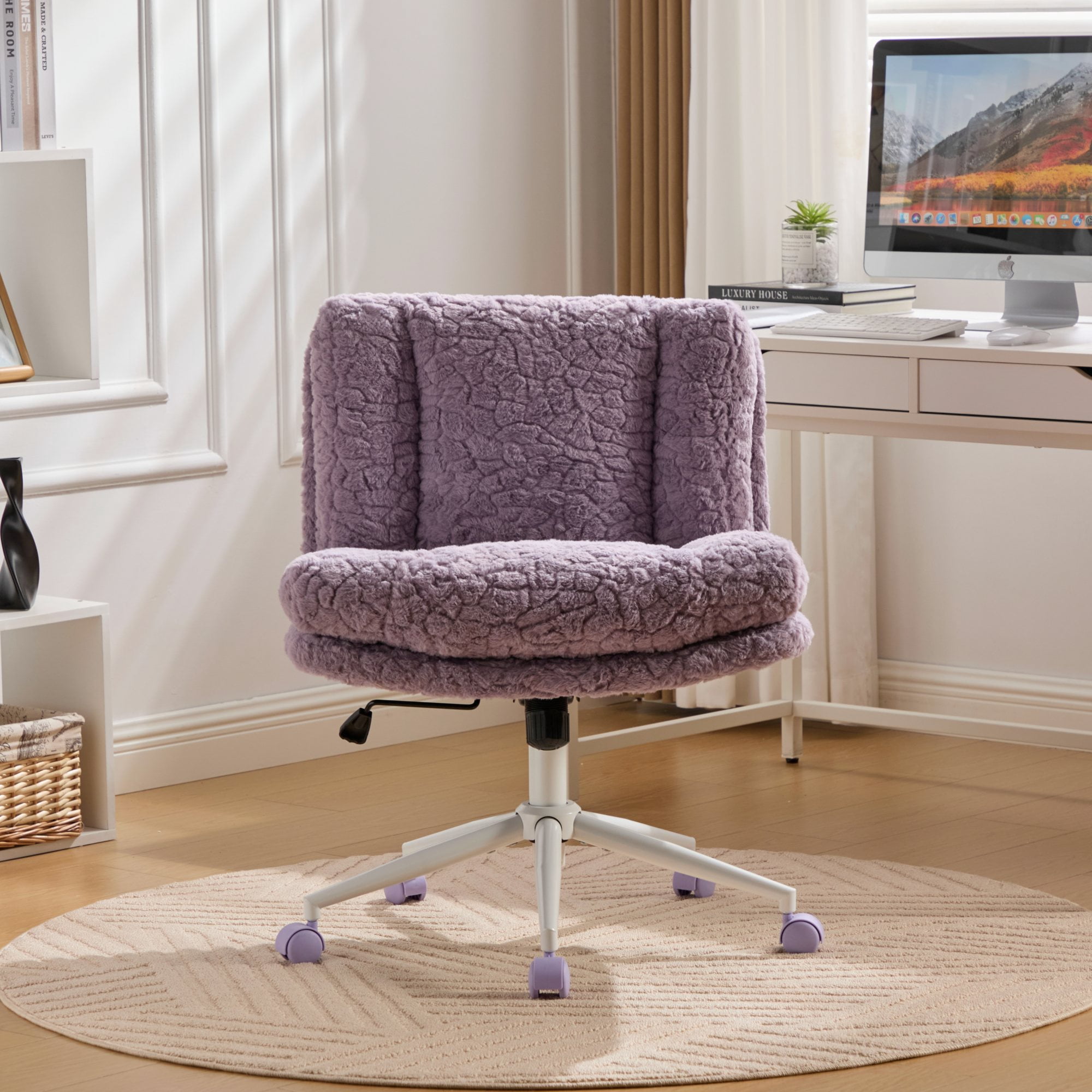 MAYEERTY 26.4 Inch Wide Seat Office Chair - Artificial Rabbit Hair, Metal Base, Adjustable Swivel, Vanity Chair, Violet