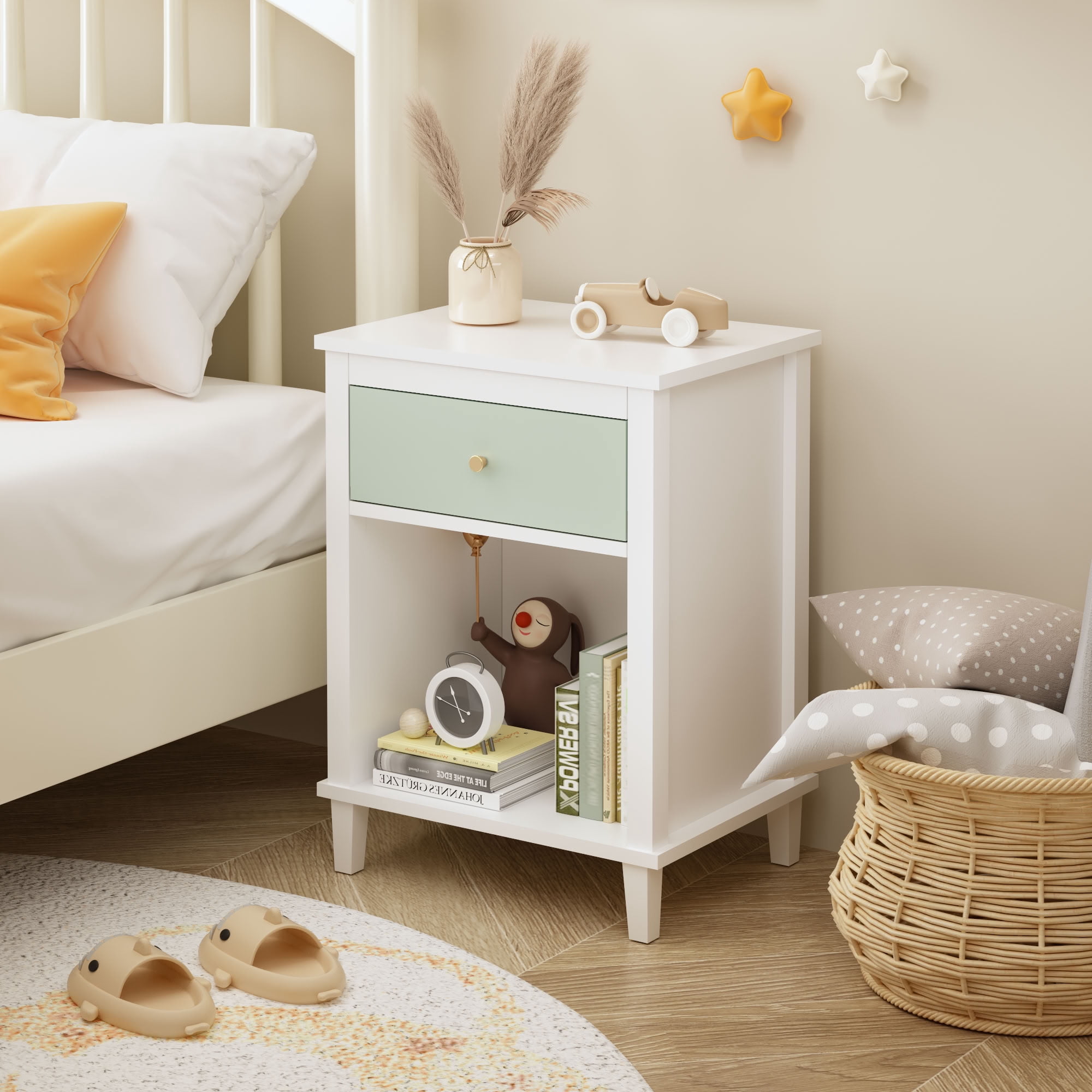 MAYEERTY 26.77" H Nightstand with Drawer & Open Shelf, Wooden Bedside End Side Table, for Kids Adults Bedroom Living Room Small Apartment Dorm