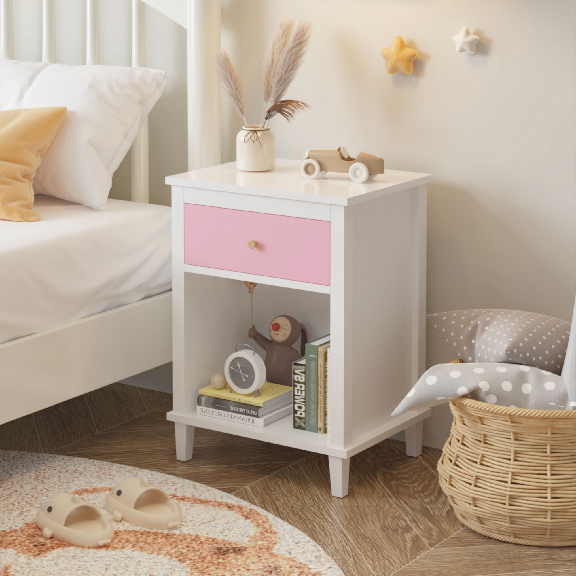 MAYEERTY 26.77" H Nightstand with Drawer & Open Shelf, Wooden Bedside End Side Table, for Kids Adults Bedroom Living Room Small Apartment Dorm