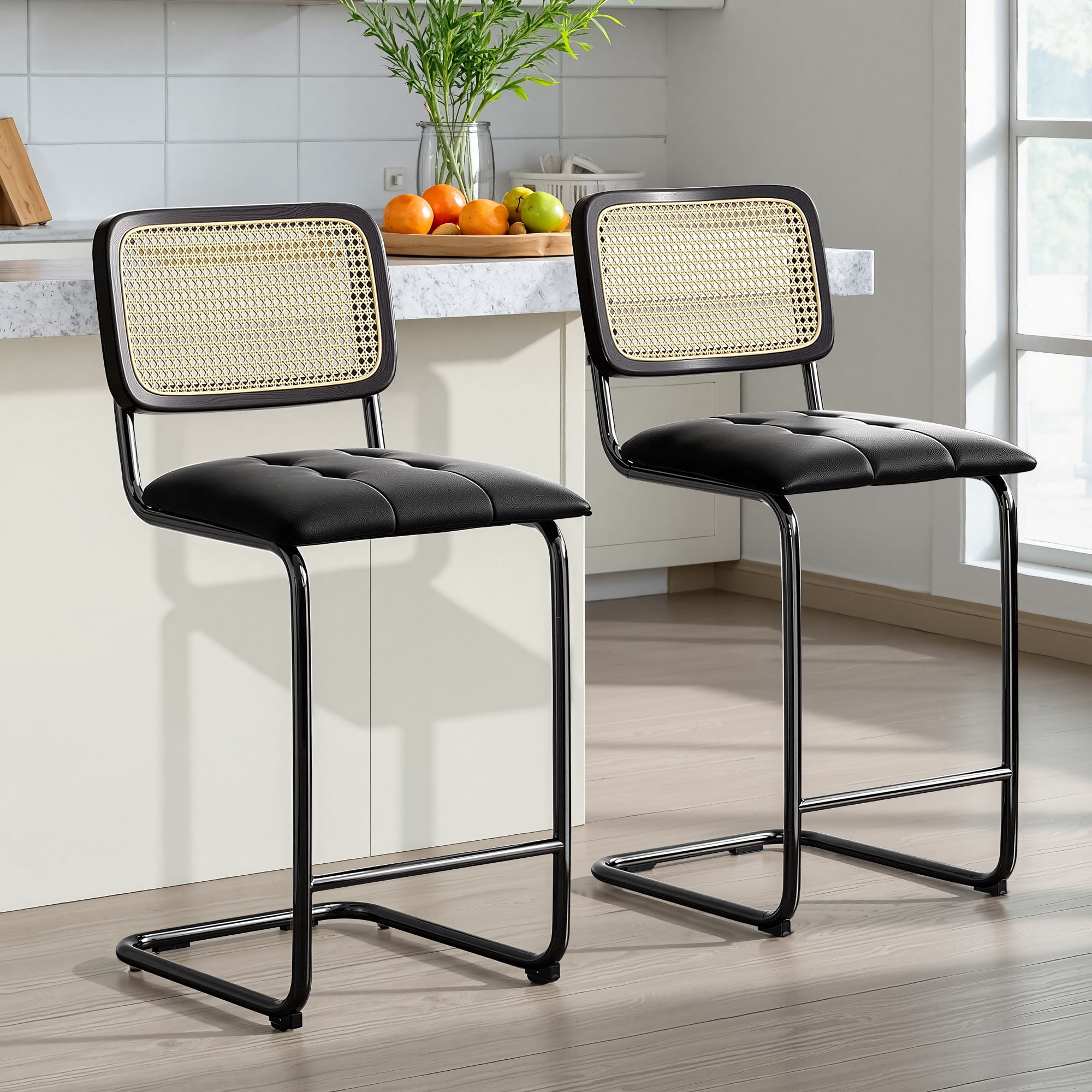 MAYEERTY 26" Black Counter Height Bar Stools Set of 2, PU Leather & Rattan Back, for Dining Areas