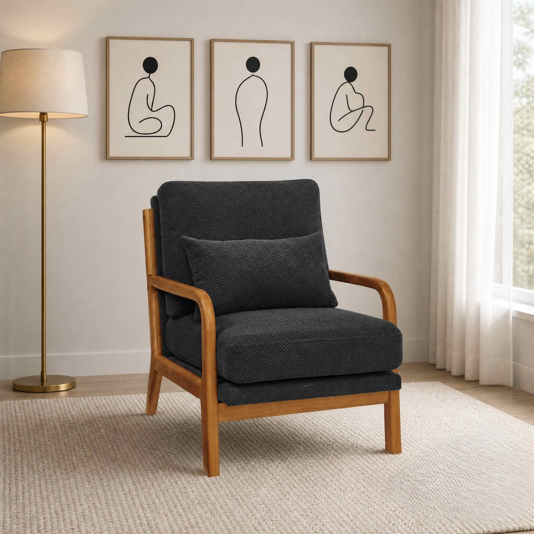 MAYEERTY 26 In Nubby Fabric Lounge Chair, Solid Wood Armrests, Lumbar Pillow, Dark Gray, 300 lb