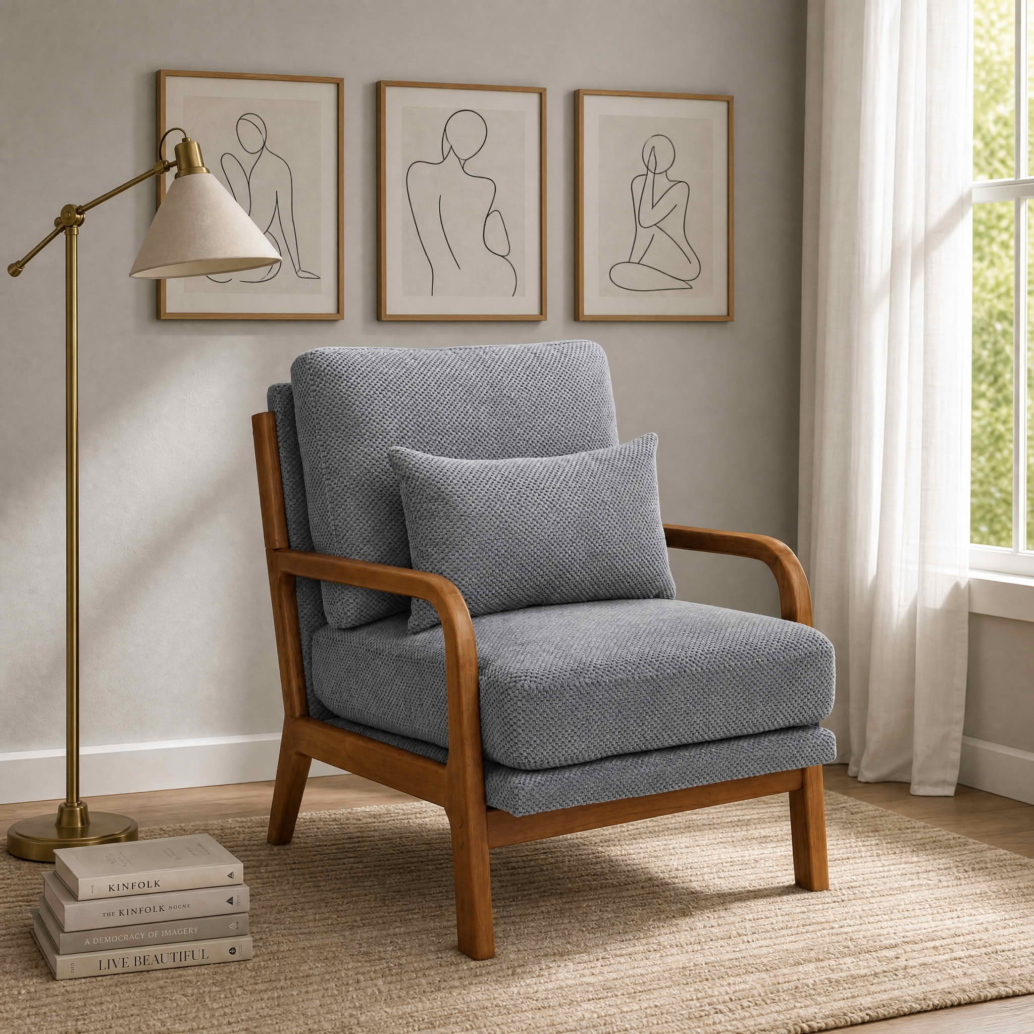 MAYEERTY 26 In Nubby Fabric Lounge Chair, Solid Wood Armrests, Lumbar Pillow, Light Gray, 300 lb