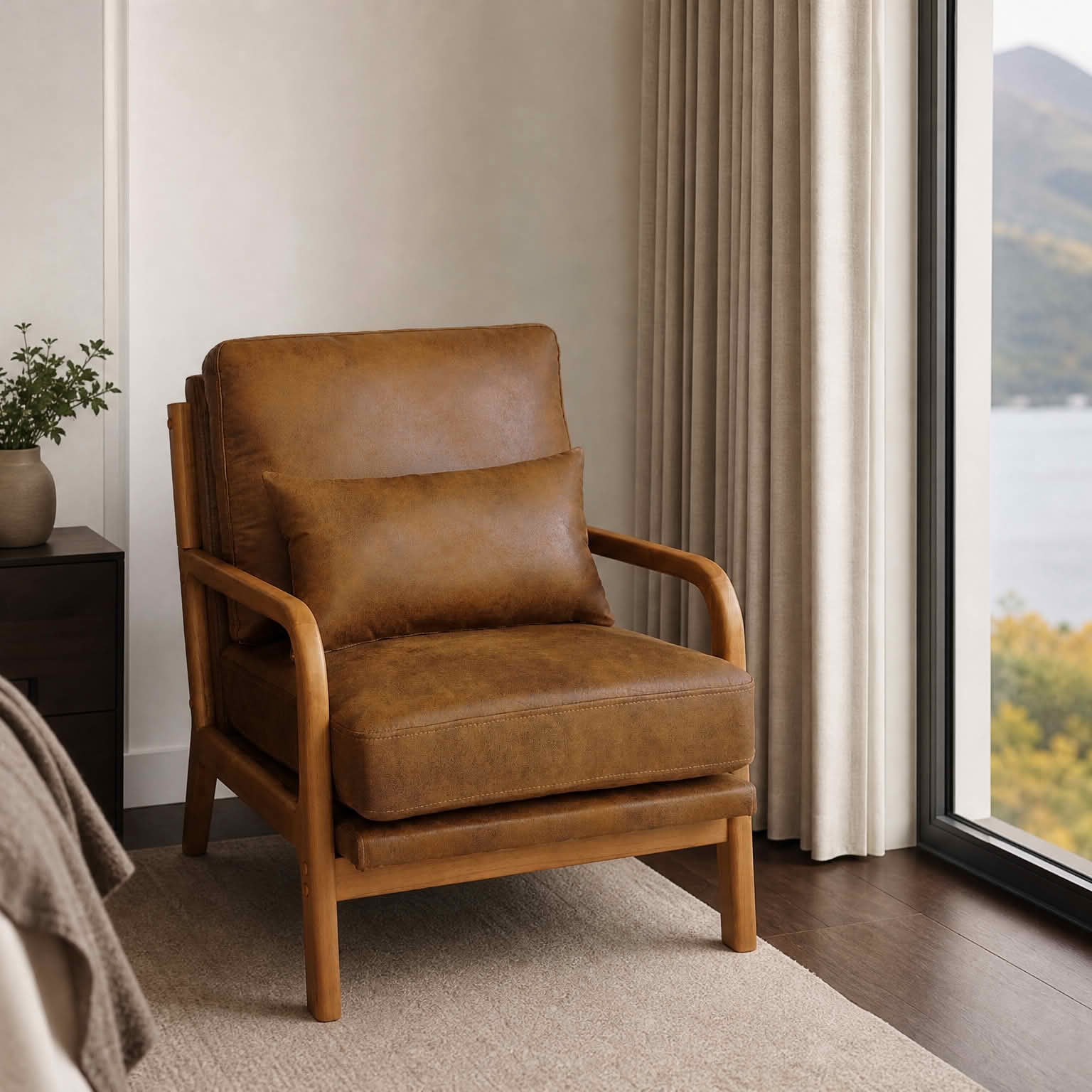 MAYEERTY 26 In Solid Wood Armchair, Curved Armrests, Foil Fabric, Memory Foam, Light Brown, 300 lb