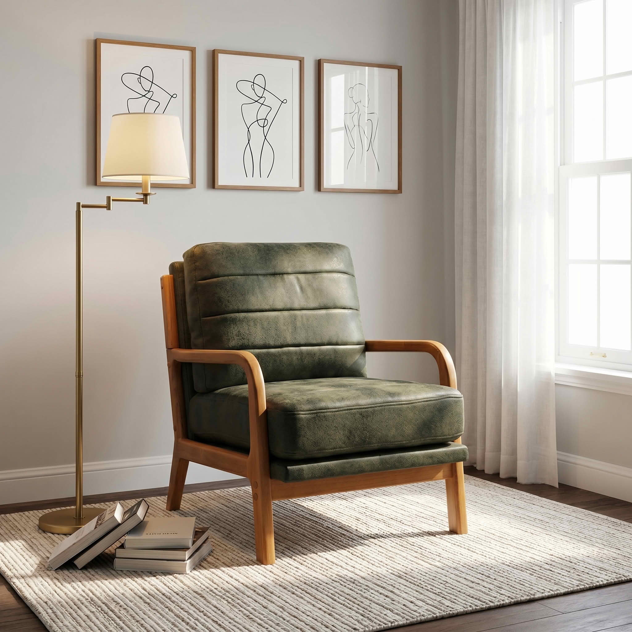 MAYEERTY 26 In Solid Wood Armchair, Curved Armrests, Foil Fabric, Memory Foam, Olive Green, 300 lb