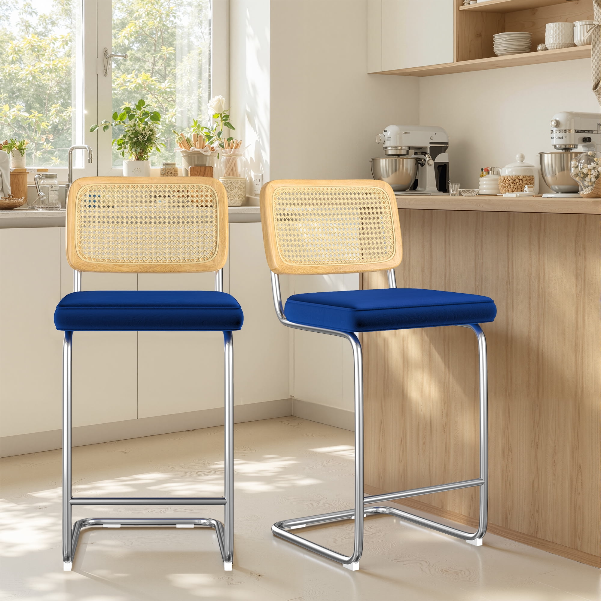 MAYEERTY 26" Royal Blue Counter Height Velvet & Rattan Bar Stools Set of 2, Armless for Kitchen Island