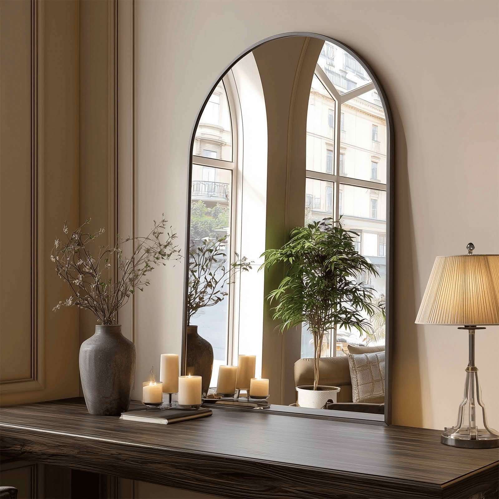 MAYEERTY 26"x38" Arched Bathroom Wall Mirror, Metal Frame, Bedroom Entryway Living Room，Black