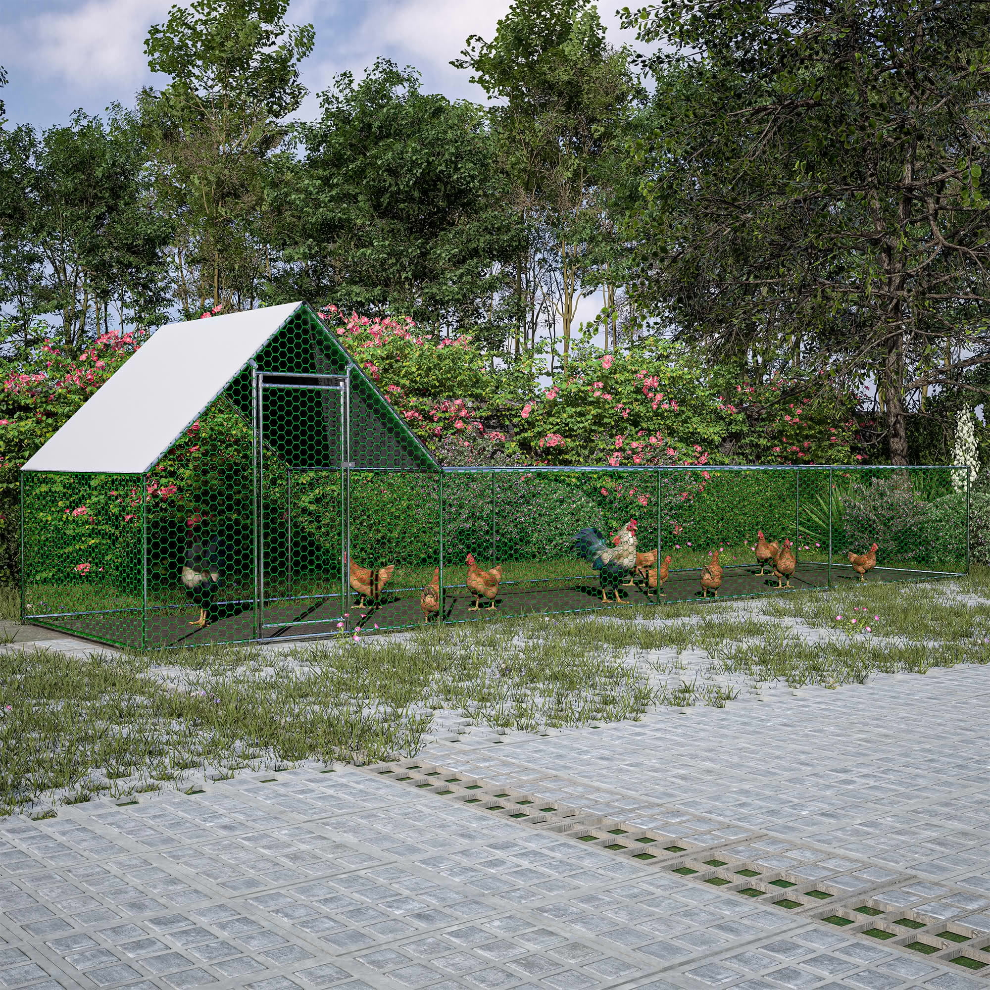 MAYEERTY 26'x6.7'x6.6' Walk-in Chicken Coop, Waterproof UV Cover Galvanized Wire Poultry Cage for Outside