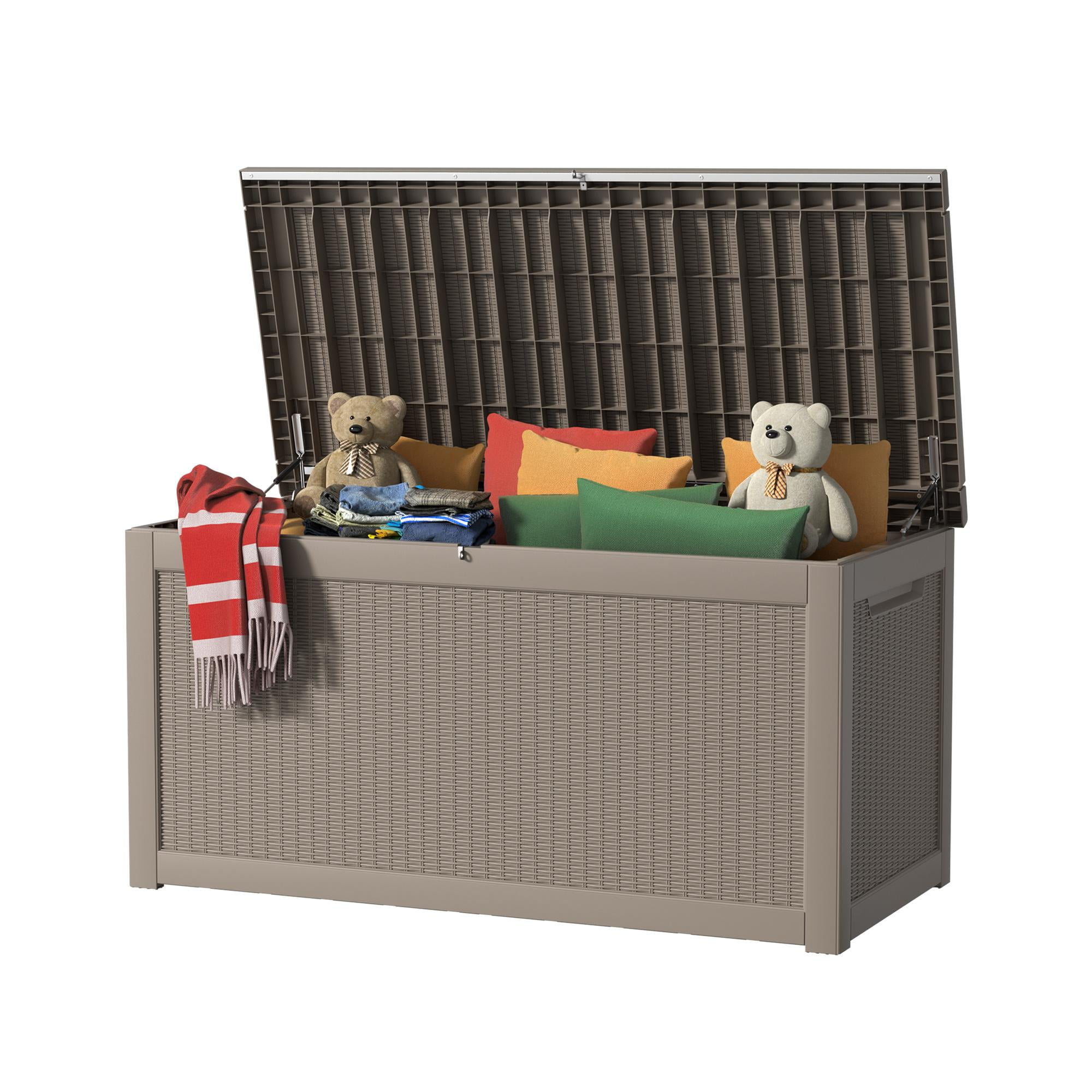 MAYEERTY 260 Gallon Outdoor Deck Box, Large Capacity Storage Box for Patio Furniture Cushions, Pillow with Wheels, Light Brown