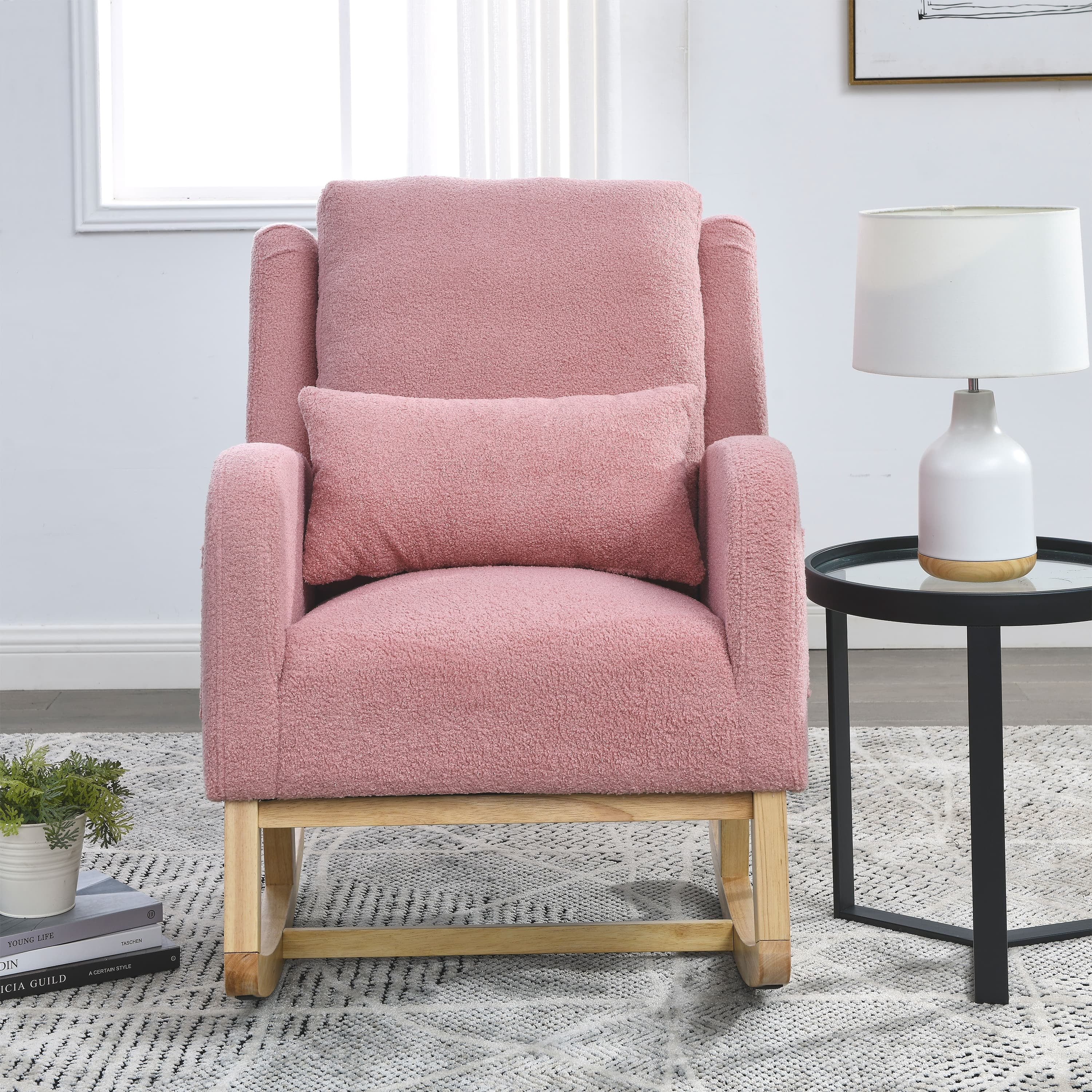 MAYEERTY 27.5 "W Modern Accent High Back Living Room Casual Armchair Rocker with One Lumbar Pillow, Two Side Pockets,Teddy.