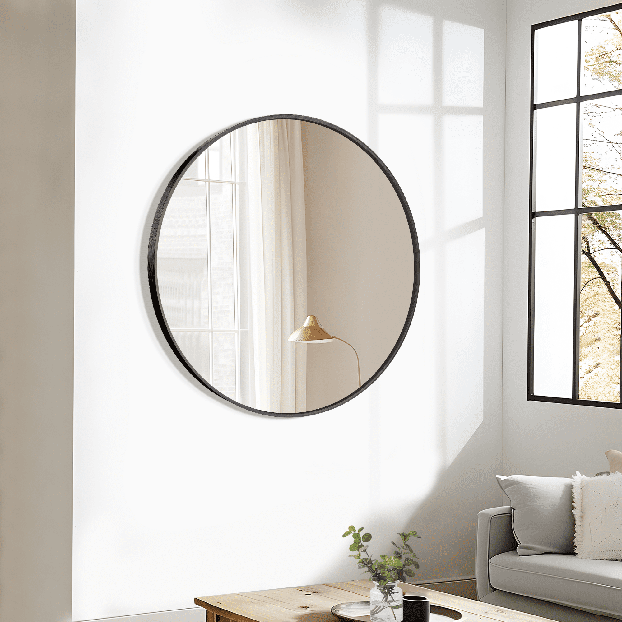 MAYEERTY 28"×28" Black Aluminum Slim-Frame Round Wall Mirror Sleek Look for Bathroom or Living Room