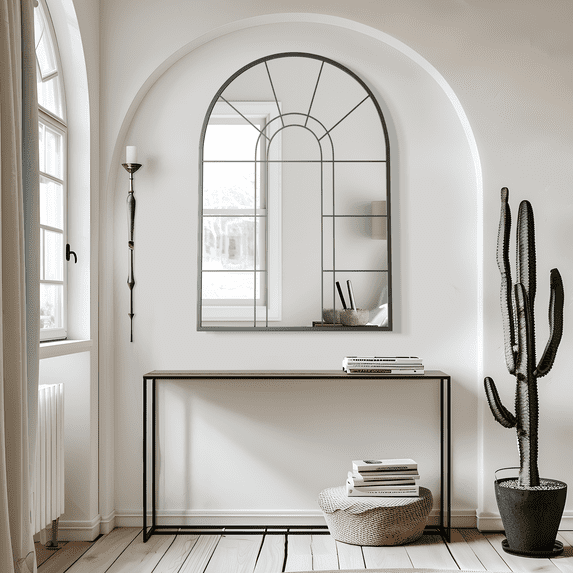 MAYEERTY 41*28"Double Arched Windowpane Style Iron Art Wall Mirror with Black Frame